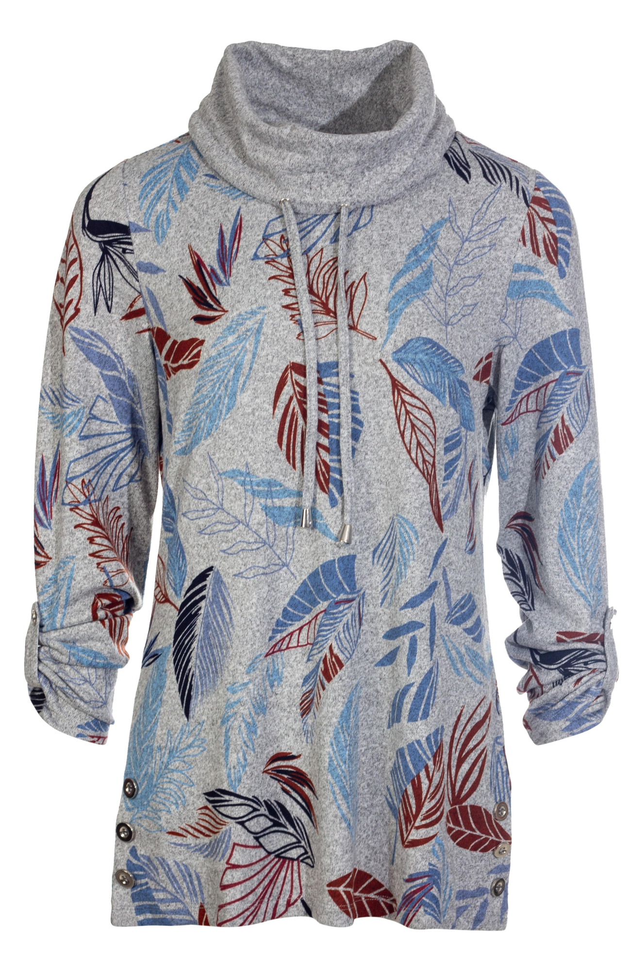 Cowl Neck Warm Touch Tunic Top - Soft Indigo Spice Leaf Print - Women's Long Sleeve Blouse 7913BR | Perfect for Fall/Winter Layering & Casual Office Wear