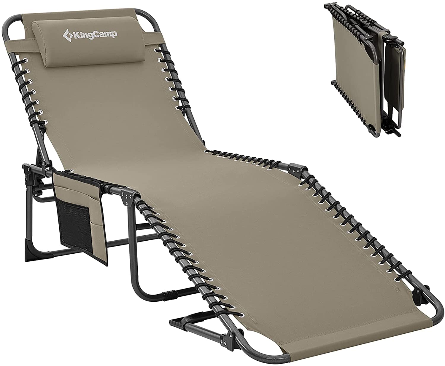 KingCamp Foldable Chaise Lounge Chair - Heavy Duty Portable Outdoor Sun Chair for Camping, Beach, Pool, Garden & Patio - Adjustable Recliner with Pillow, Lightweight for Easy Transport - Perfect for Sunbathing, Relaxing in Backyard or Travel