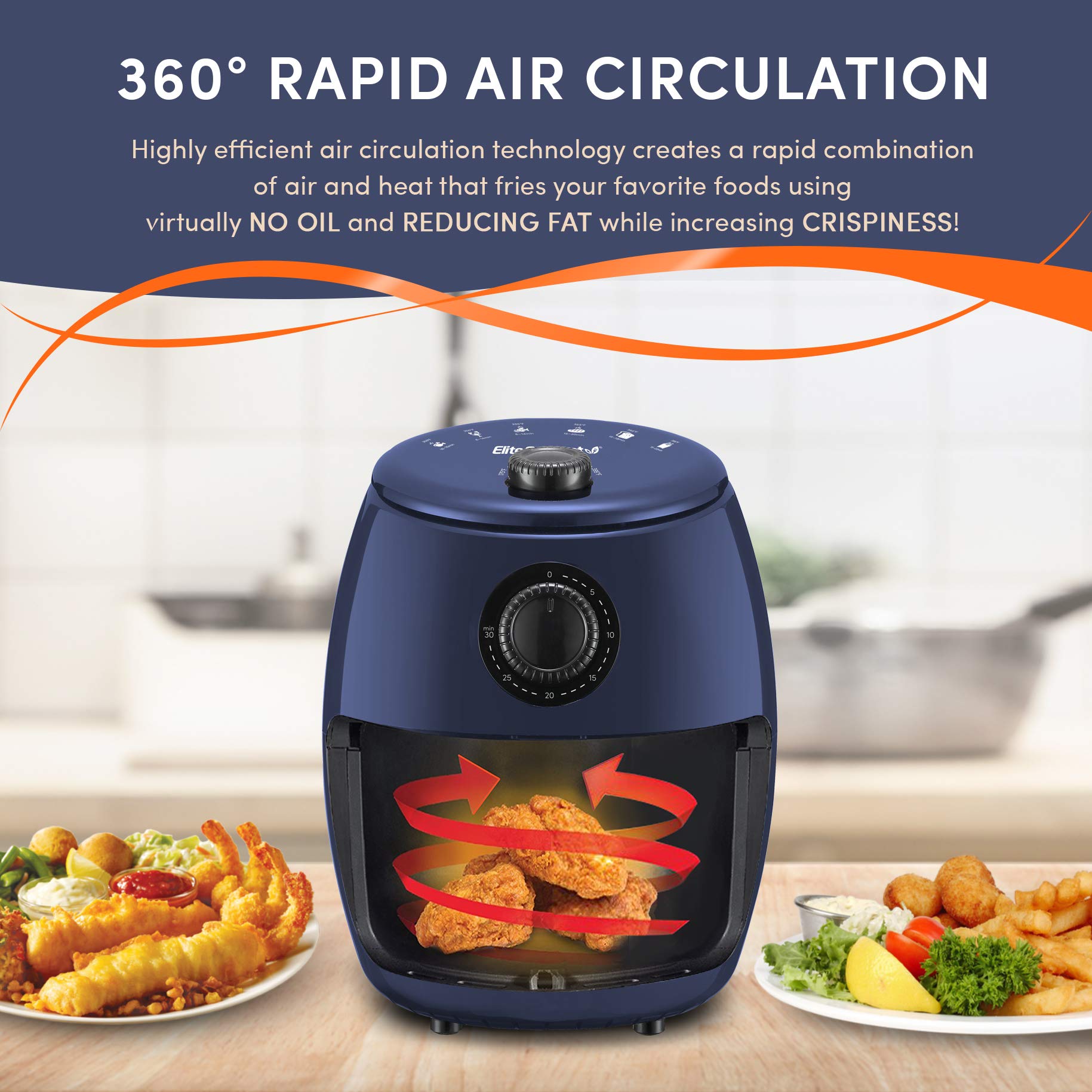 Elite Gourmet EAF-0201BG 2.1 Quart Compact Electric Air Fryer - Oil-Free Healthy Cooking, 1000W, Timer & Temp Control, Space-Saving Design (Blue Gray) - Perfect for Small Kitchens, Dorms & Healthy Meal Prep