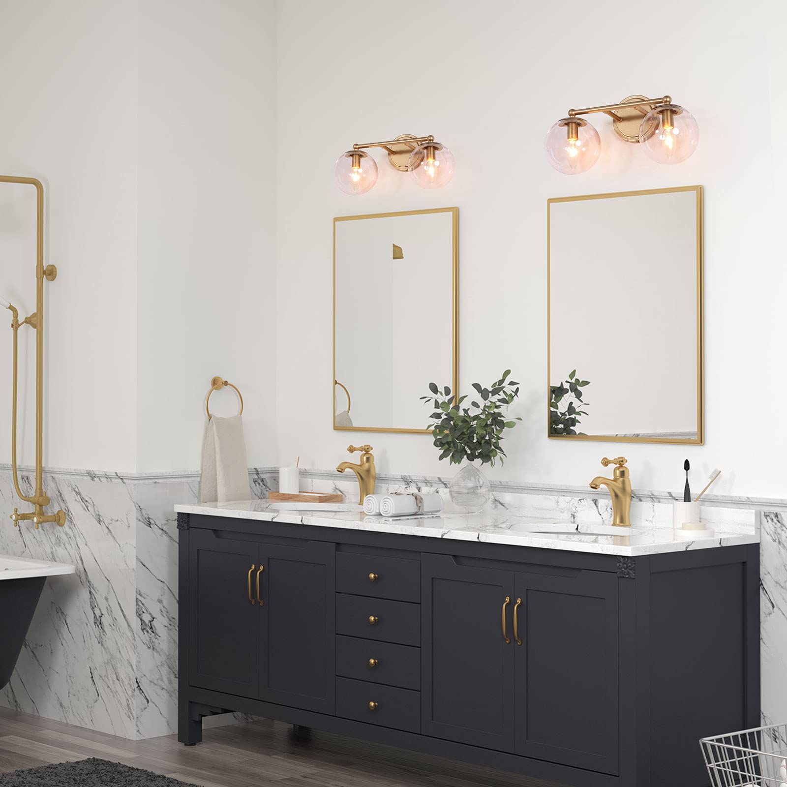 Modern Gold Bathroom Vanity Light Fixture - 2-Light LED Bathroom Sconce with Clear Glass Globe Shade (15