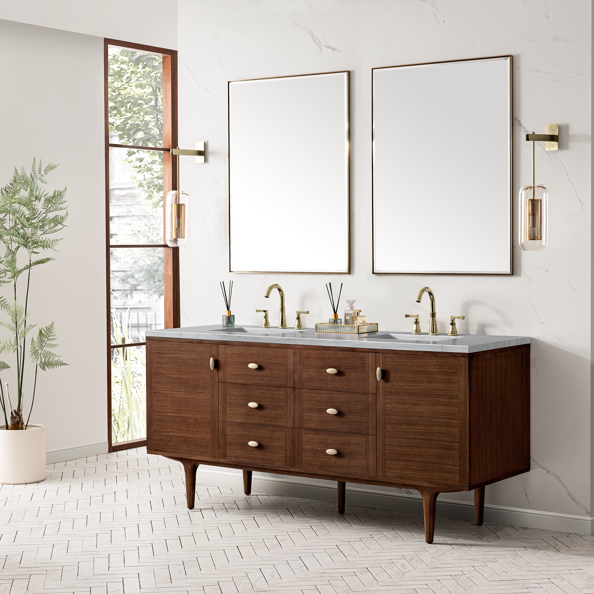 Amberly 72 Inch Double Vanity with 3CM Arctic Fall Top - Mid Century Modern Walnut Bathroom Vanity for Master Bath & Guest Bathroom