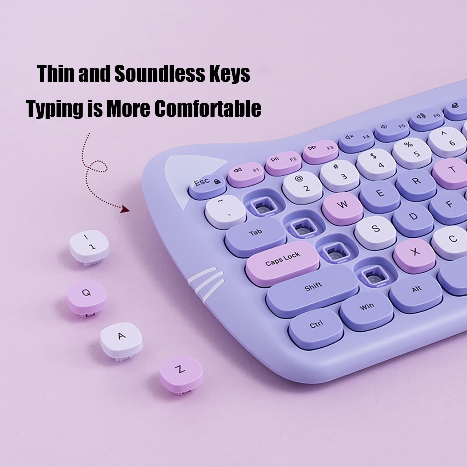 Cute Cat 2.4G USB Wireless Keyboard and Mouse Combo - Silent Keys, Ergonomic Design, Candy Colors (Purple-84Keys) - Compatible with Windows/Mac PC, Laptop - Perfect for Home Office, Gaming & Typing
