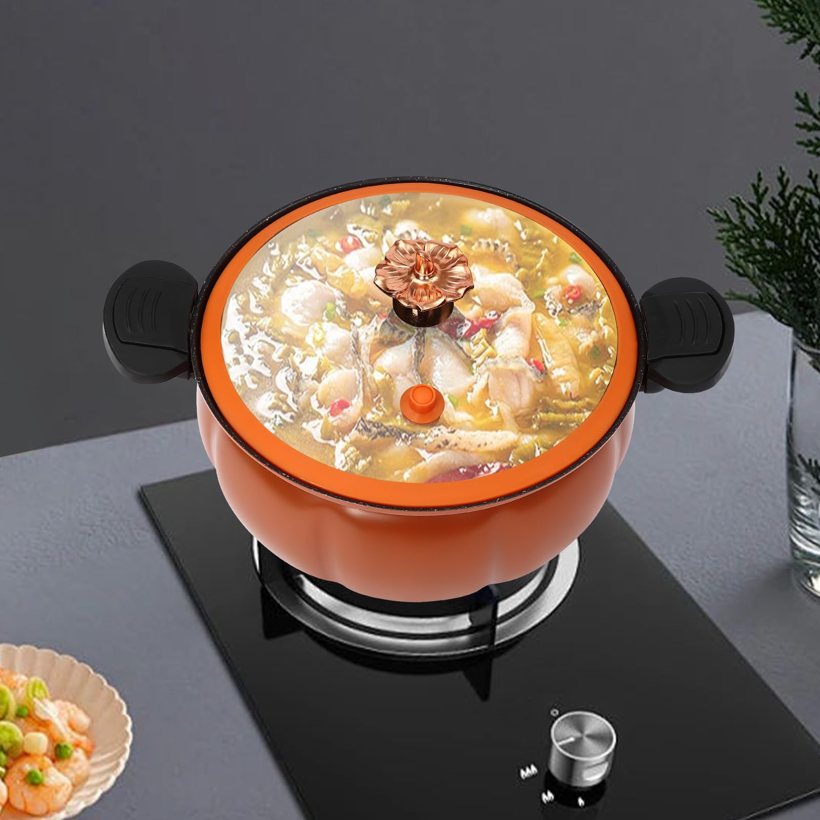 8L/2.11Gal Non-Stick Micro Pressure Cooker Pot - Mini Pumpkin Design Maifan Stone Cooking Pot for Home Kitchen | Perfect for Quick Meals, Stews & Healthy Cooking