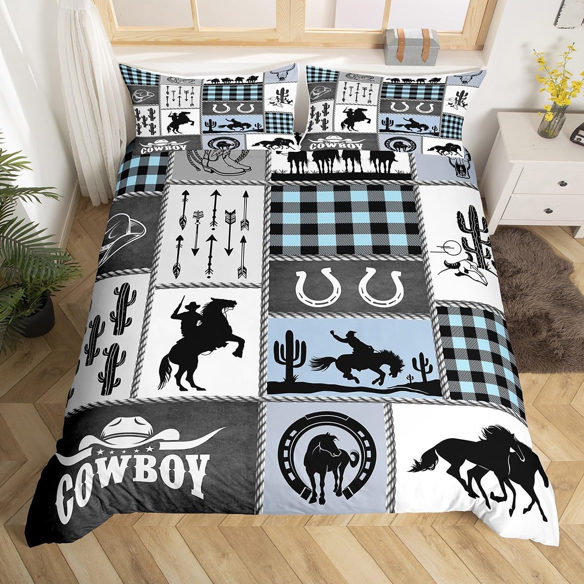 Western Cowboy Kids Duvet Cover Set Twin Size - Horseshoes Cactus Rustic Farmhouse Bedding for Boys & Girls - Blue Retro Arrow Geometric Plaid Quilt Cover with 1 Pillowcase - Perfect for Wild West Themed Bedrooms, Kids' Rooms, and Farmhouse Decor