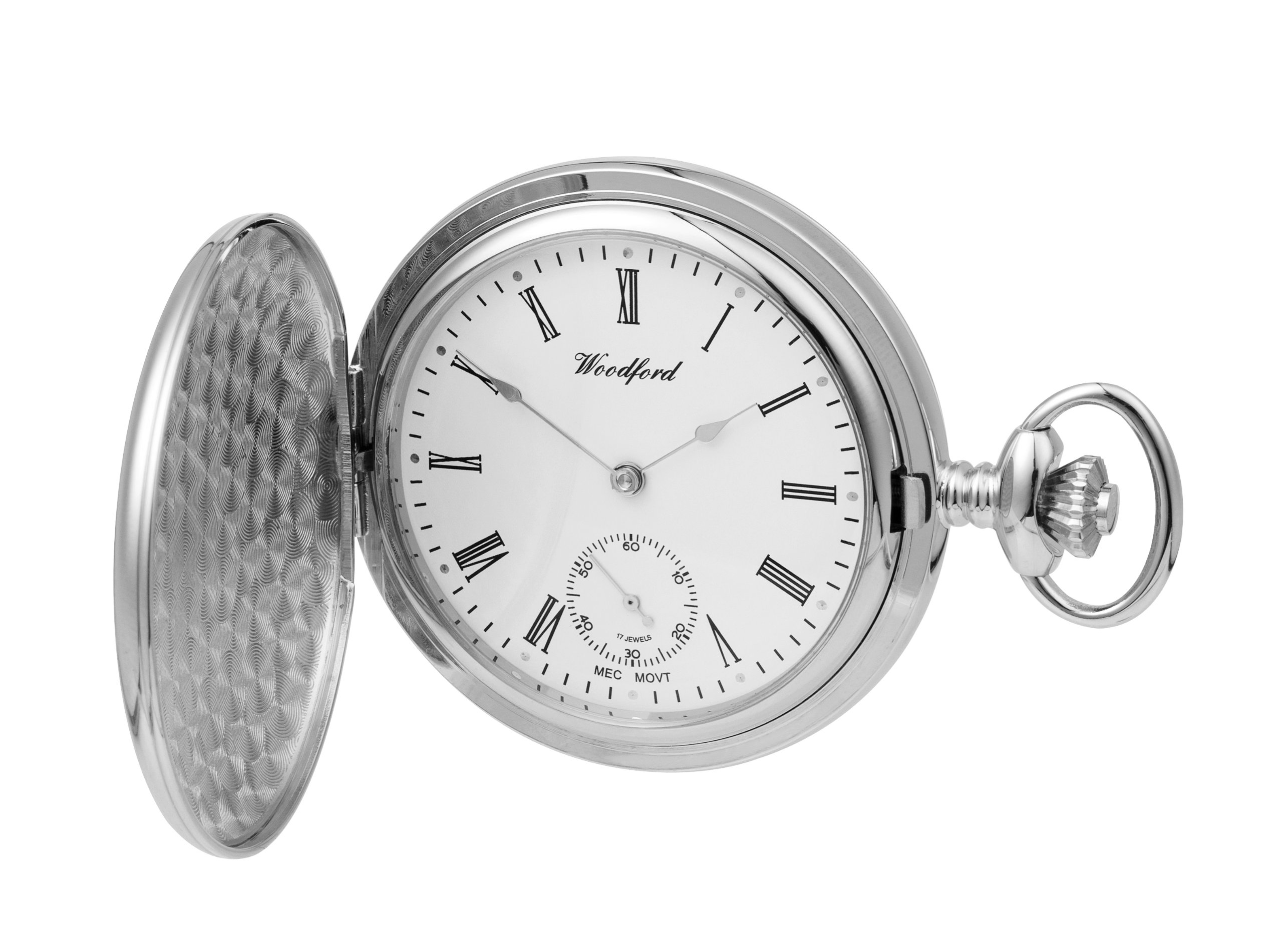 Woodford Men's Chrome-Finish Full Hunter Mechanical Skeleton Watch 1070 - Analog Pocket Watch with Engravable Case - Perfect for Formal Events, Vintage Style Collectors & Gift Giving
