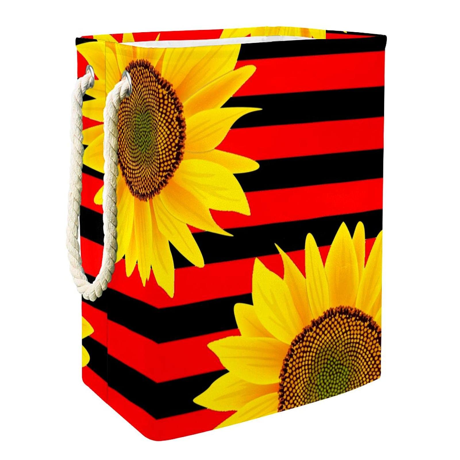 Foldable Laundry Hamper with Handles - Detachable Storage Bin for Bathroom & Kids Room Organization - Sunflower Red & Black Stripe Toy Basket - Perfect for Laundry, Toys & Home Storage