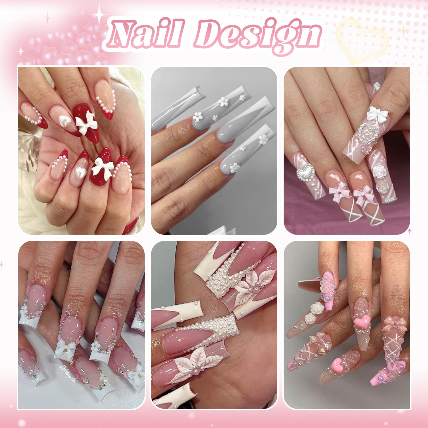 Flatback Pearls (White) & 3D Flower Rhinestone Nail Art Glue Gel - Half Round Pearls, Heart Bows, Camellia Mix Styles for Acrylic Nails & Manicure Decor | Perfect for DIY Nail Design, Bridal Nails & Salon Professional Use