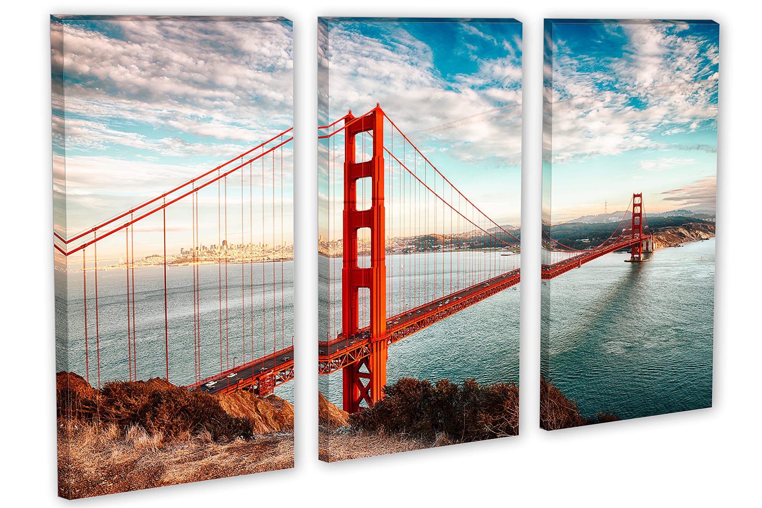 48x32 TOTAL - Golden Gate Bridge Wall Art Canvas Print, 3 Panel Triptych Split for Home & Office Decor - Perfect for Living Room, Bedroom, or Office Wall Decoration