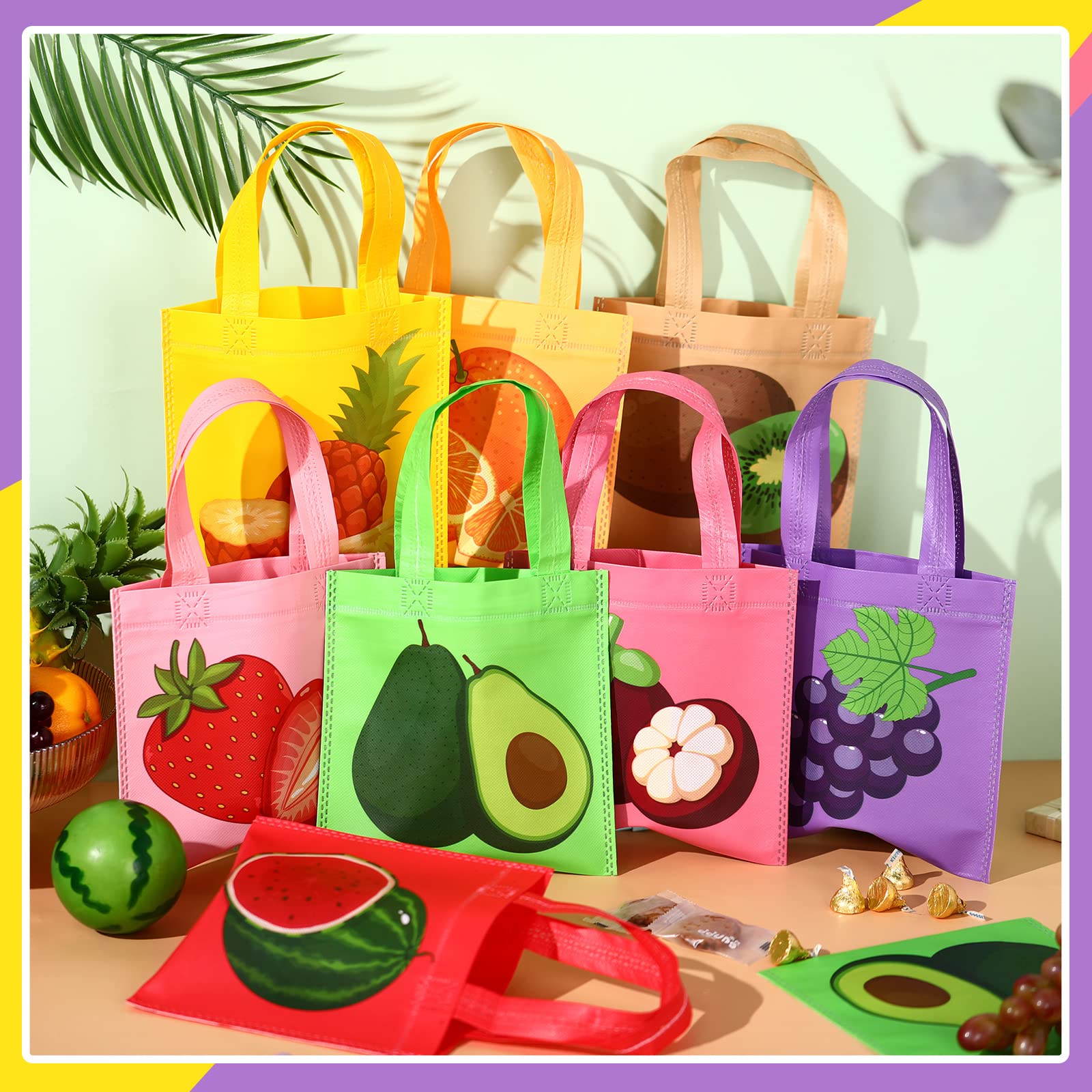24-Pack Reusable Waterproof Non-Woven Fruit-Themed Tote Bags with Handles - Hawaiian Luau Party Favors, Kids Birthday Treat Bags, Summer Beach Party Supplies for Tutti Frutti Theme Celebrations