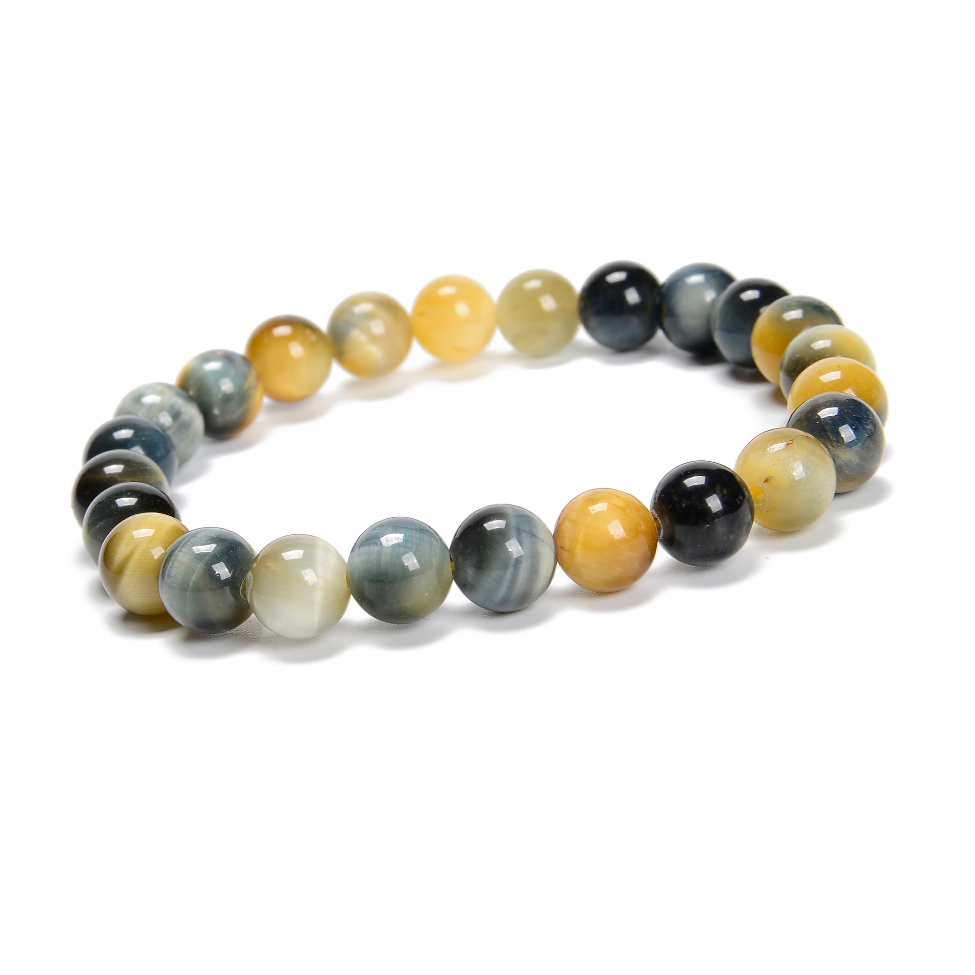 Golden Blue Tiger Eye Beaded Bracelet Set - 6mm, 8mm, 10mm Round Beads - 7.5