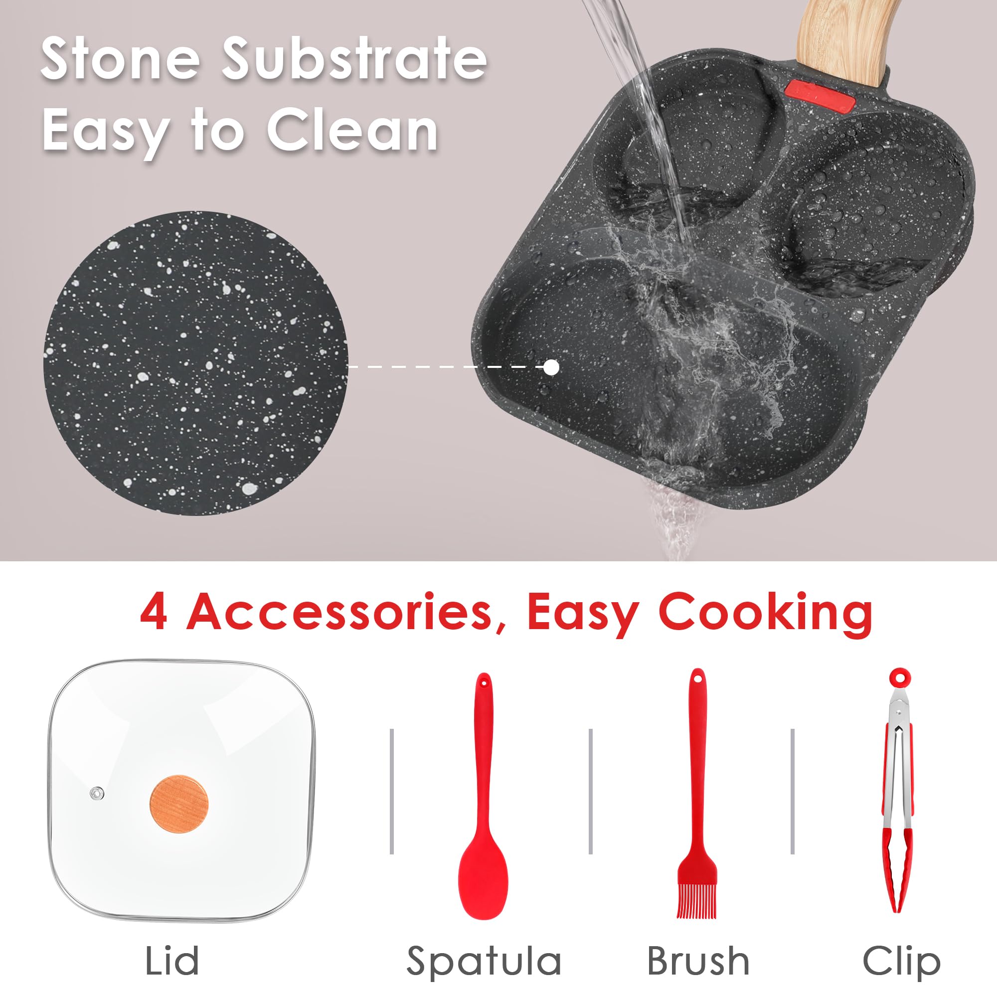 Non-Stick 3-Hole Aluminum Frying Pan with Lid - Multi-Functional Skillet for Pancakes, Omelets, Eggs, Hamburgers & Breakfast - Compatible with Gas & Induction Stoves - Includes Spatula, Brush & Clip - Perfect for Home Cooking, Camping & Quick Meals