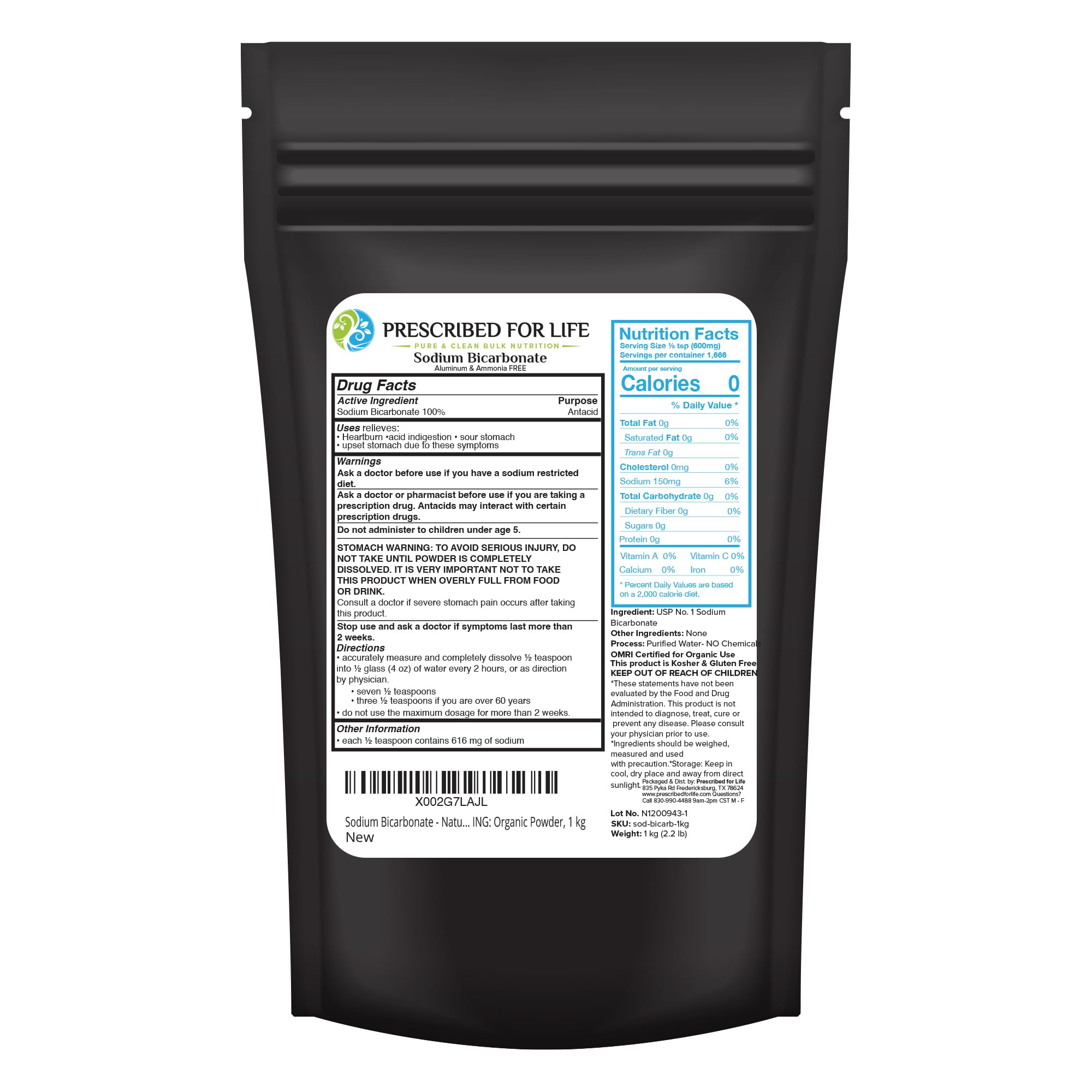Organic Aluminum-Free Baking Soda Powder - USP Grade Sodium Bicarbonate (1kg/2.2lb) for Cooking, Cleaning & Natural Remedies | Prescribed For Life | Bicarbonato de Sodio en Polvo
