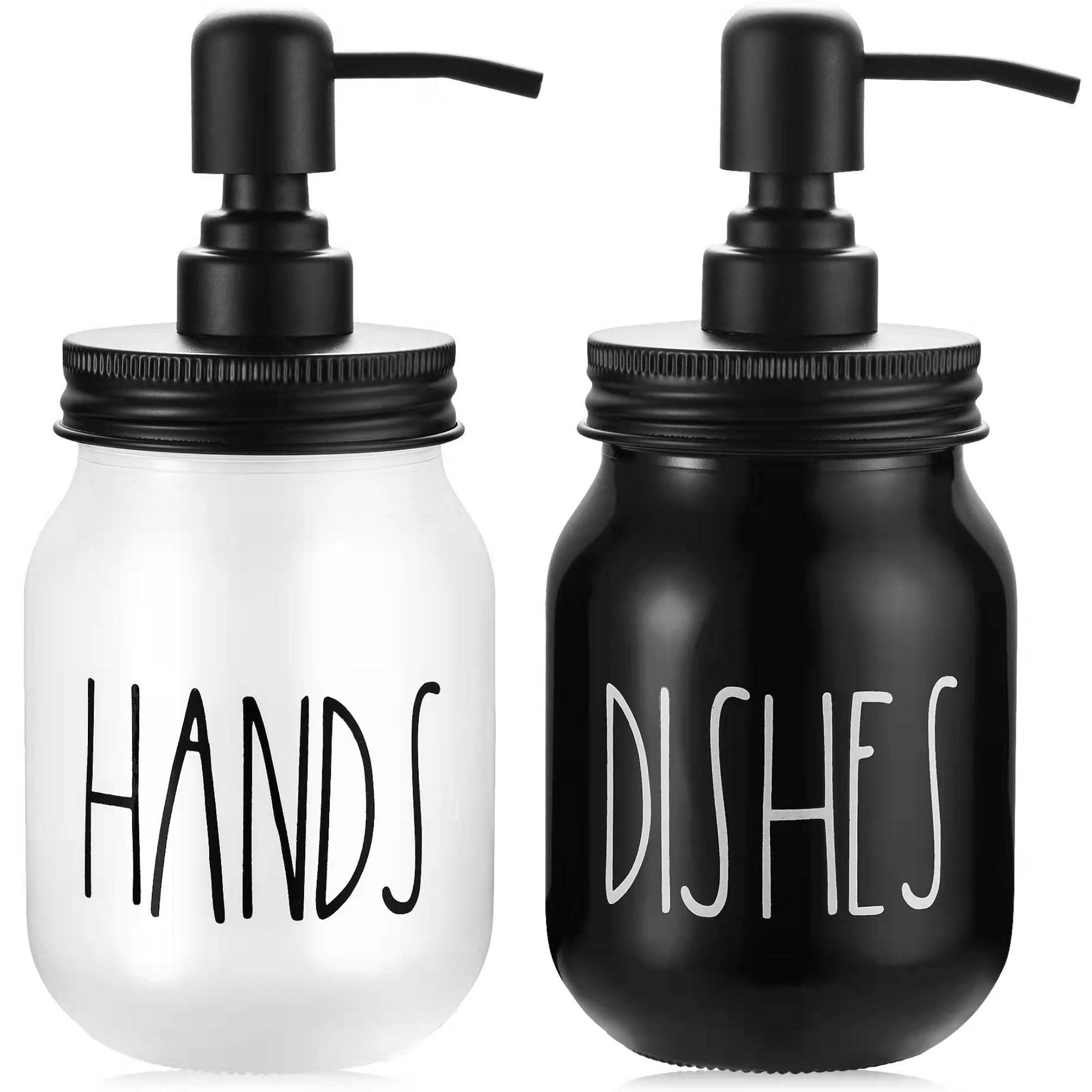 Brighter Barns Mason Jar Soap Dispenser Set - Farmhouse Kitchen Decor in Black/White - Glass Hand & Dish Soap Dispenser for Kitchen Sink - Perfect for Rustic and Modern Home Kitchens