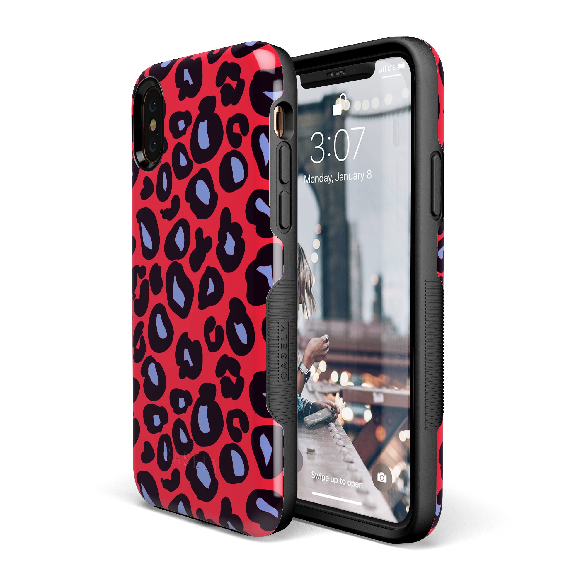 Casely iPhone X/XS Case - Stylish Red & Blue Leopard Print Protective Cover | Durable Slim Fit Phone Case for Women & Men | Perfect for Outdoor Adventures, Travel & Daily Use