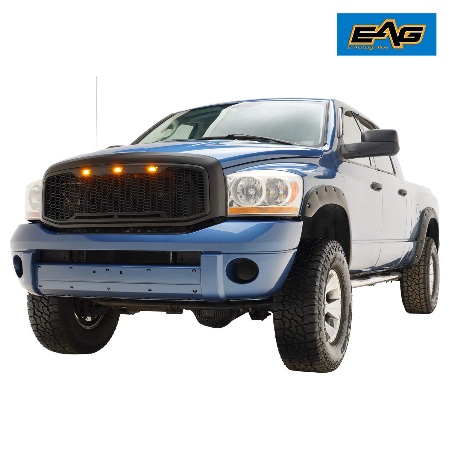 EAG Replacement Upper ABS Grille with Amber LED Lights - Matte Black for 06-08 Dodge Ram 1500 & 06-09 Dodge Ram 2500/3500 | Off-Road Style Upgrade & Enhanced Night Visibility