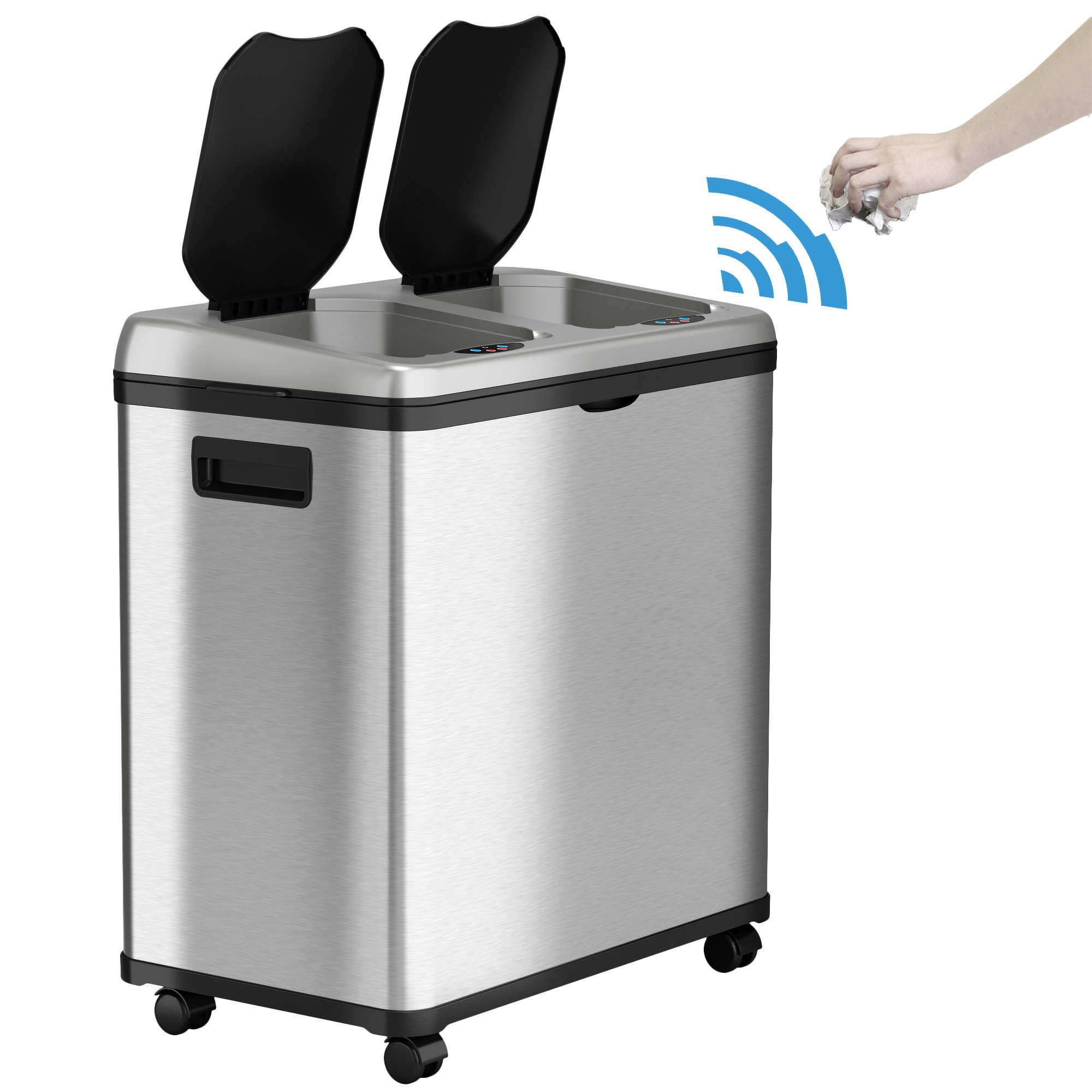 iTouchless 16 Gallon (60 Liter) Stainless Steel Touchless Sensor Trash Can & Recycle Bin with Wheels - Dual-Compartment Kitchen Garbage Can (2 x 8 Gallon) for Waste Sorting, Recycling, and Hygienic Disposal - Perfect for Home, Office, and Restaurant Use