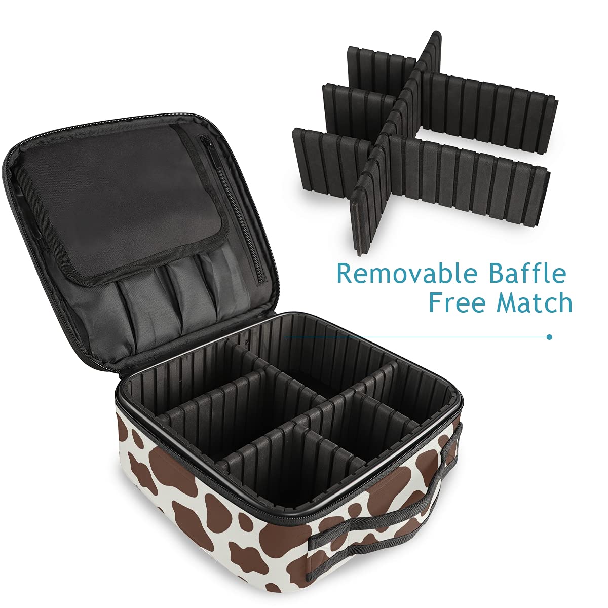 Stylish Doodle Brown Cow Print Makeup Bag - Large Travel Cosmetic Organizer with Adjustable Dividers - Perfect for Travel, Gym & Daily Beauty Storage