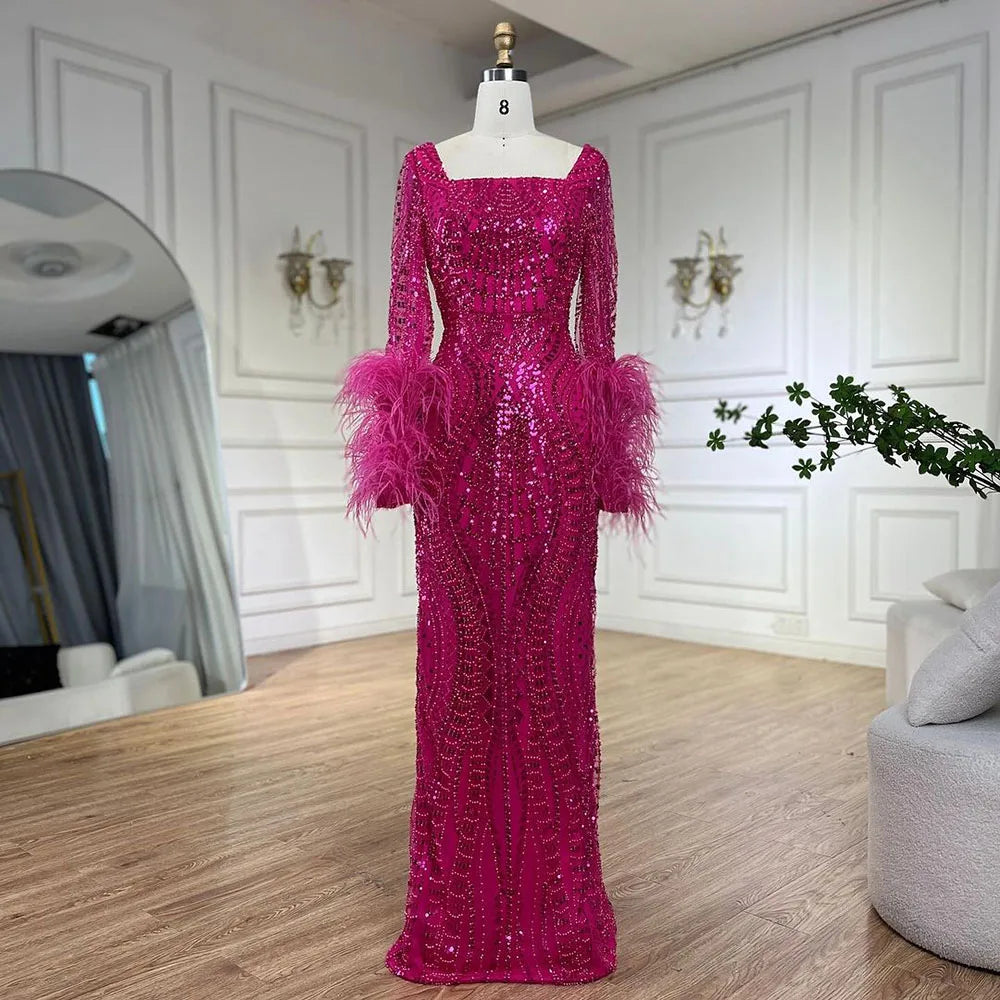 Elegant Fuchsia Dubai Evening Gowns with Long Sleeves - LA72565 for Formal Events, Galas & Special Occasions