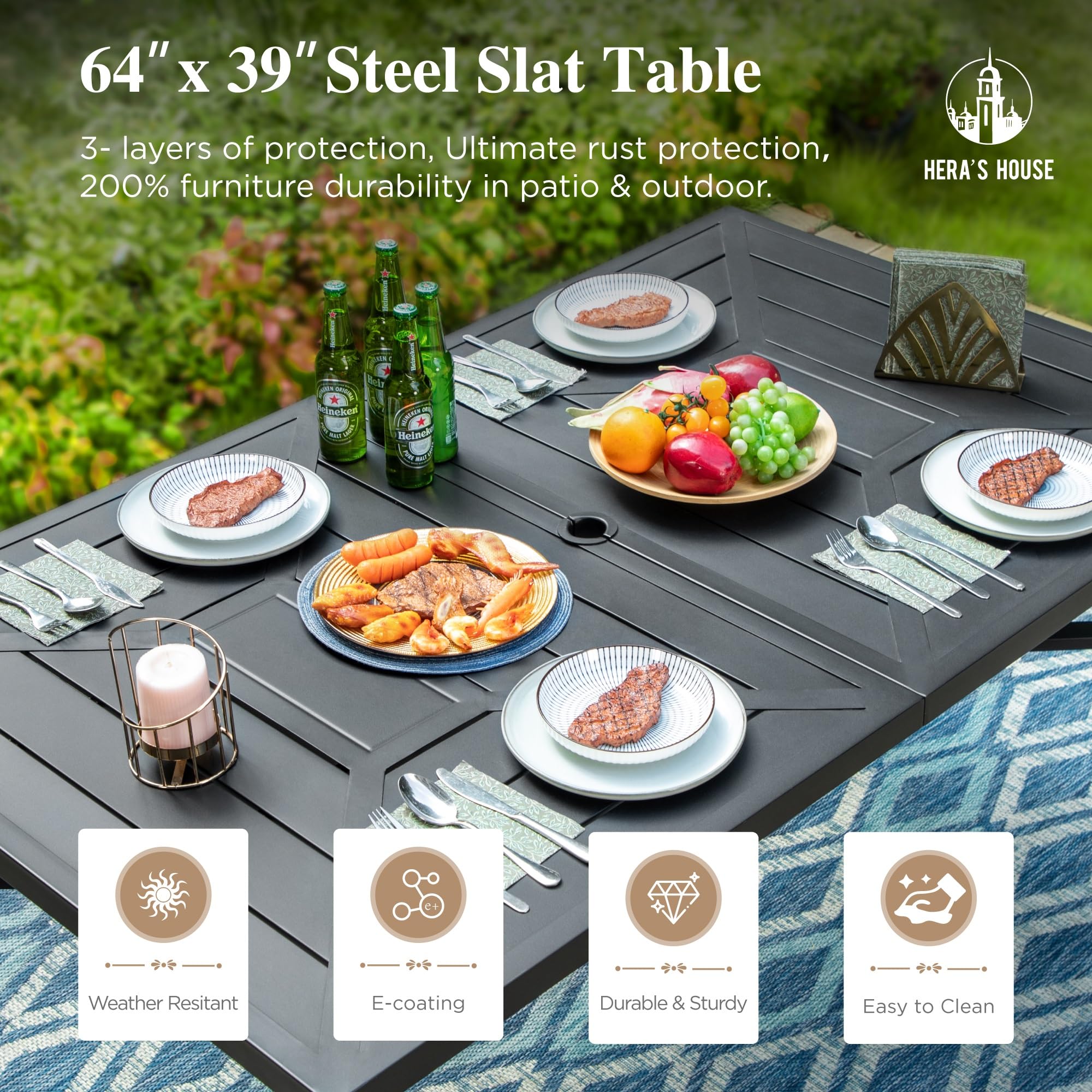 HERA'S HOUSE 64 Inch Outdoor Dining Table with Umbrella Hole - Weather Resistant Rectangular Patio Table for Garden, Backyard, Lawn - Perfect for Outdoor Entertaining, BBQ Parties & Family Gatherings
