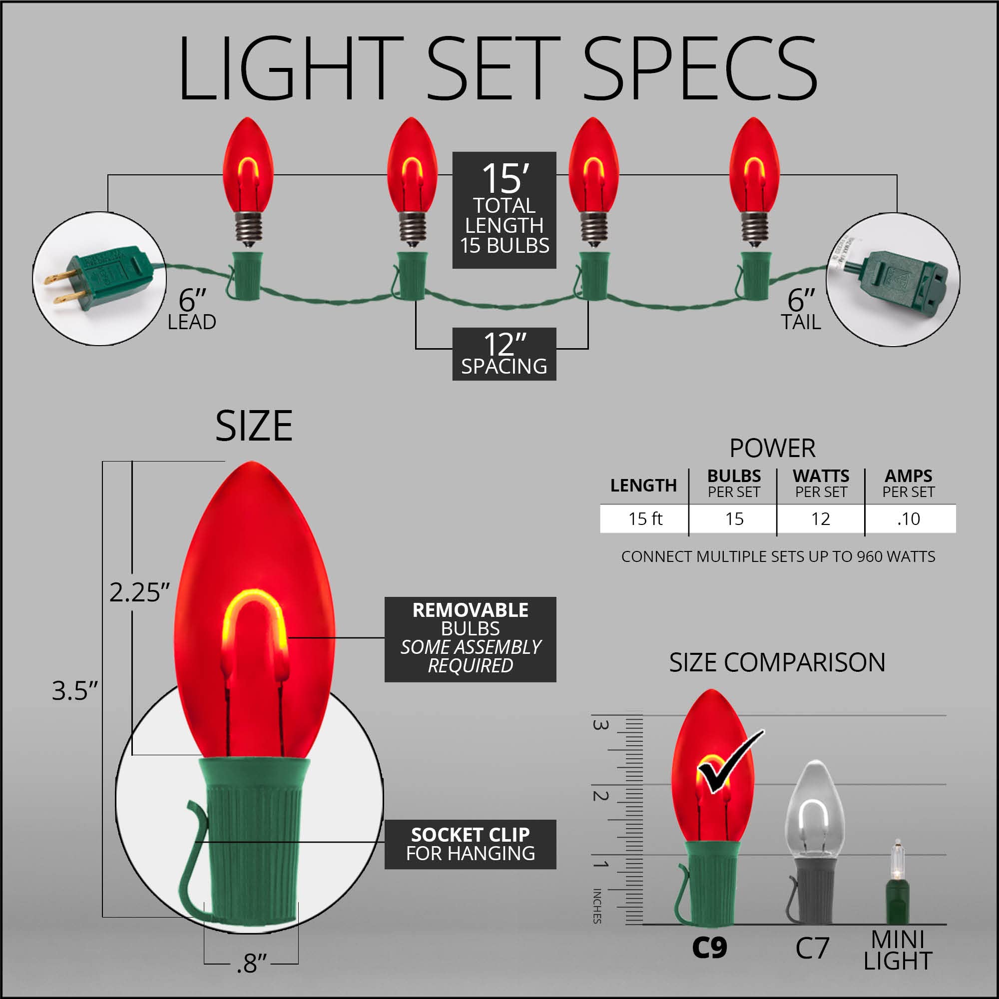 Wintergreen Lighting 15ft FlexFilament LED Red C9 Christmas Lights - Shatterproof Outdoor String Lights with Edison Bulb Style for Holiday Decor, Patio, Garden & Balcony Lighting | Perfect for Christmas Tree, Roof, Porch & Yard Decoration