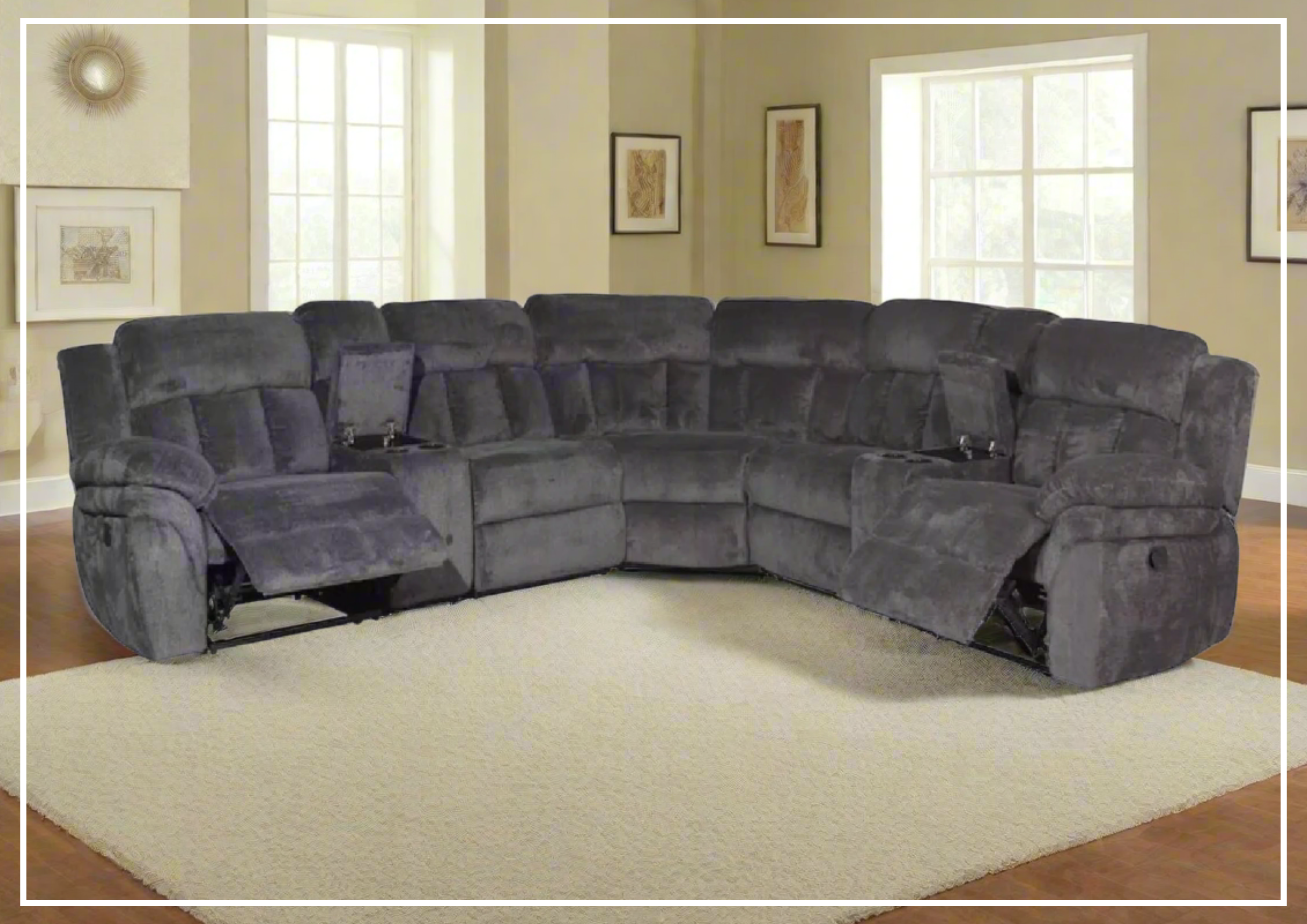 Klaussner McCobb 7-Piece Gray Recliner Sectional Sofa Set with Cup Holders - Modern L-Shaped Living Room Furniture for Home Theater & Family Gatherings