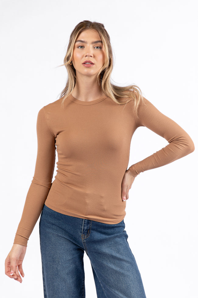 Brown Ribbed Long Sleeve Tee for Women - Soft Cotton Stretch Fit - Casual & Layering Essential - Perfect for Fall & Winter Outfits