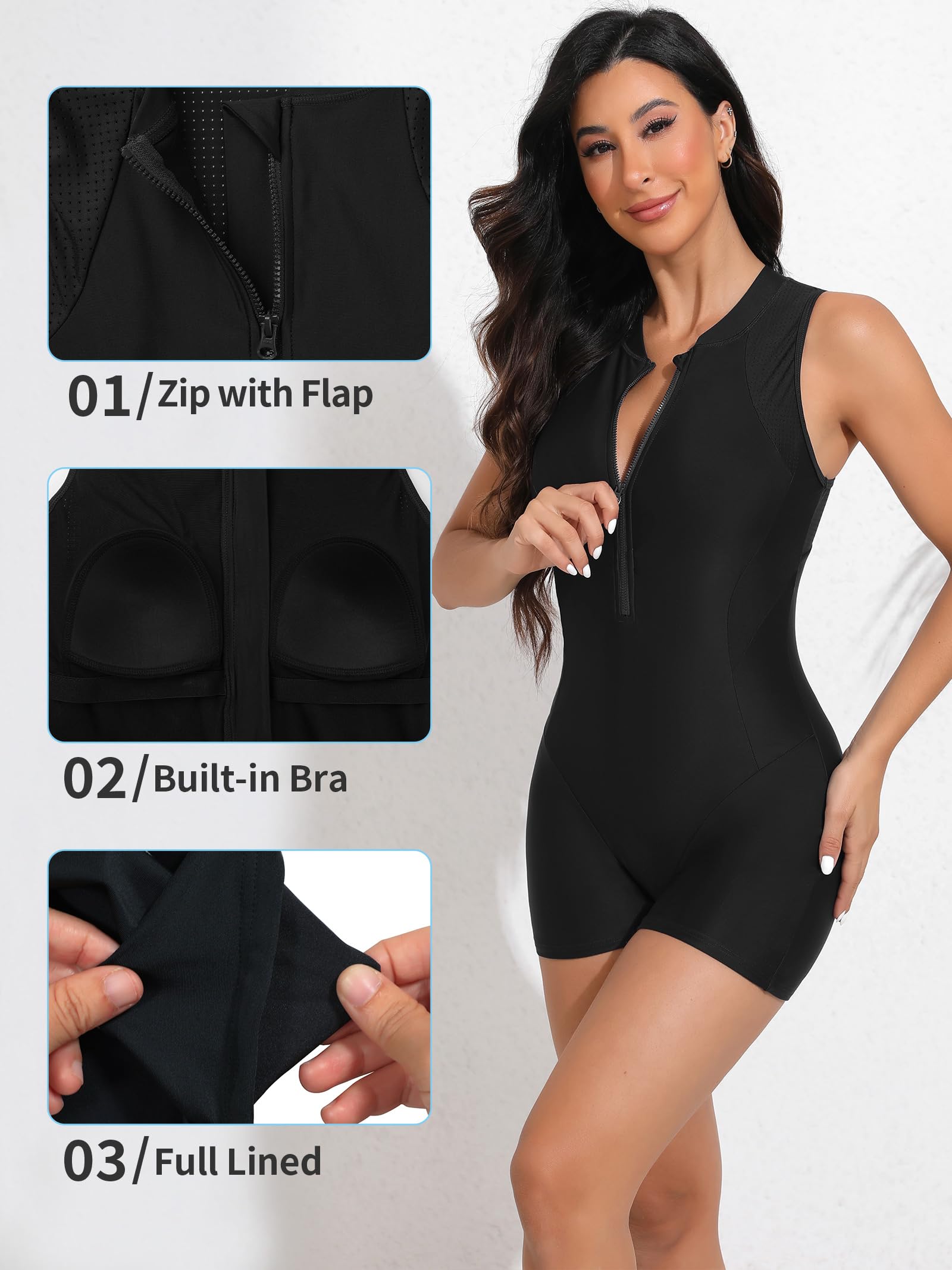 ATTRACO Women's Athletic One Piece Swimsuits with Zipper - Modest Boyleg Bathing Suits for Swimming, Surfing & Beach Workouts