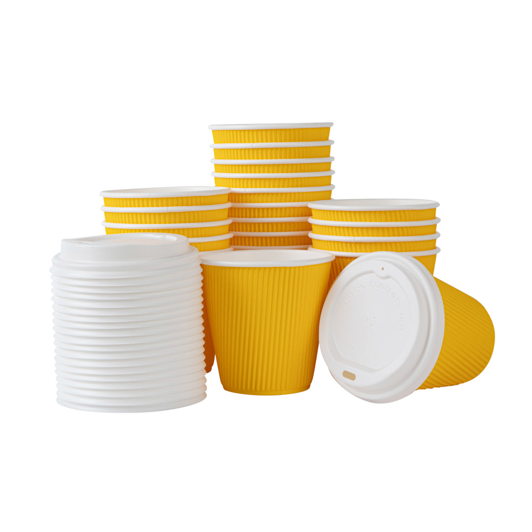 8 oz Yellow Paper Ripple Wall Coffee Cups with White Lids - 20 Count Box (3.5