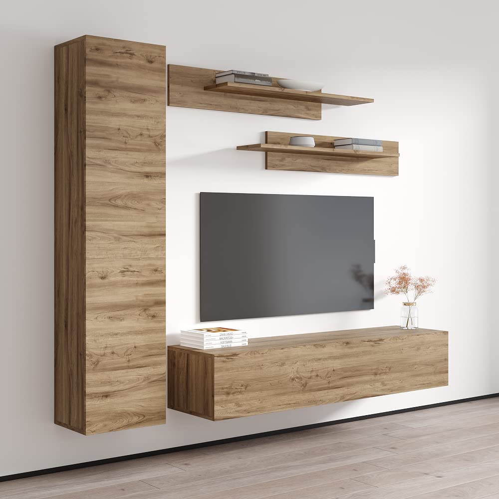 Modern Floating TV Stand with Storage & LED Lights - Wall-Mounted Entertainment Center Console for Bedroom & Living Room - Oak Wood TV Shelf with Adjustable Shelves - Perfect for Small Spaces & Home Theater Setup