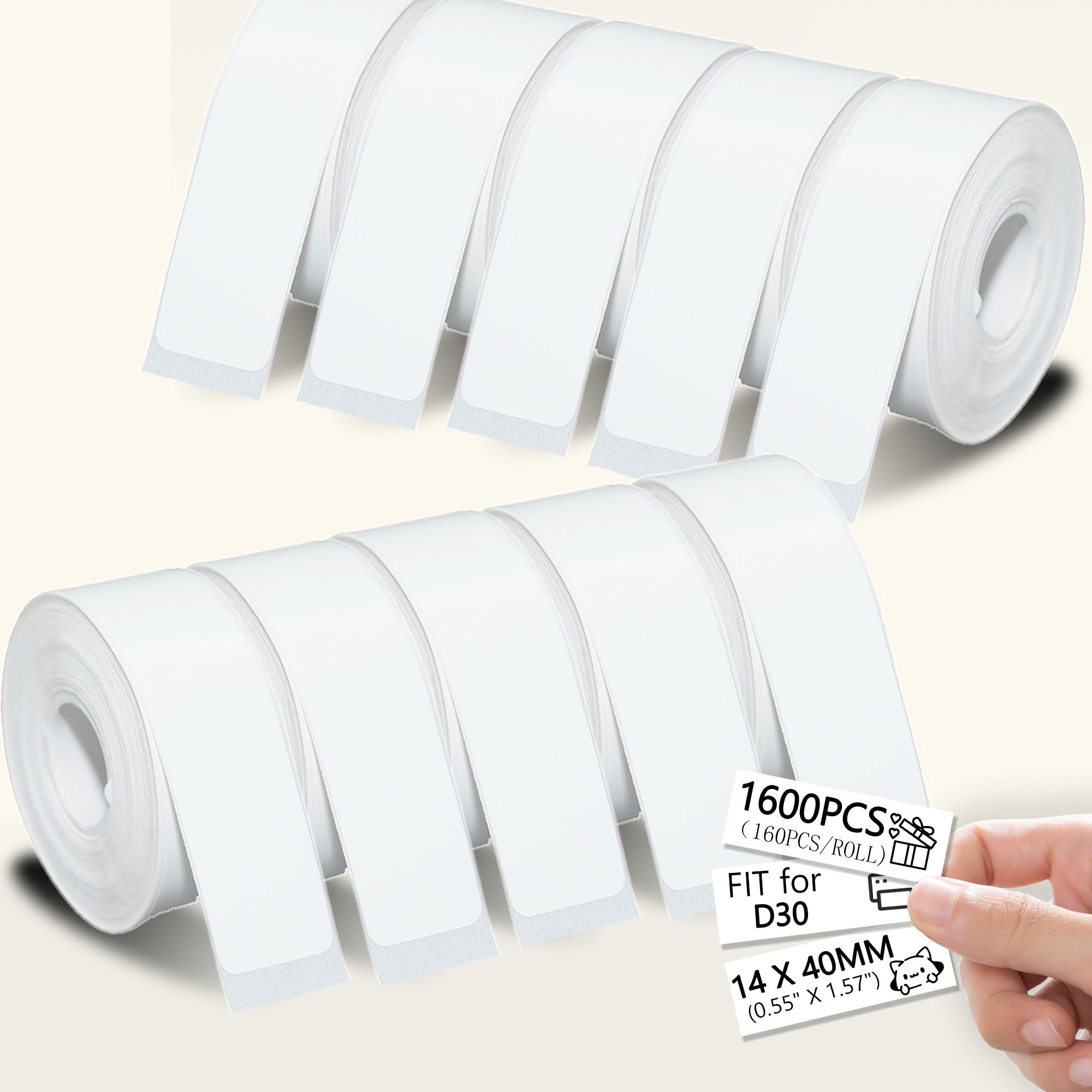 1600PCS White D30 Label Maker Tape Refills - 14x40mm Thermal Printer Paper (10 Rolls, 160 Labels/Roll) for Smart Mini Label Maker - Perfect for Office, Home, School & Organization