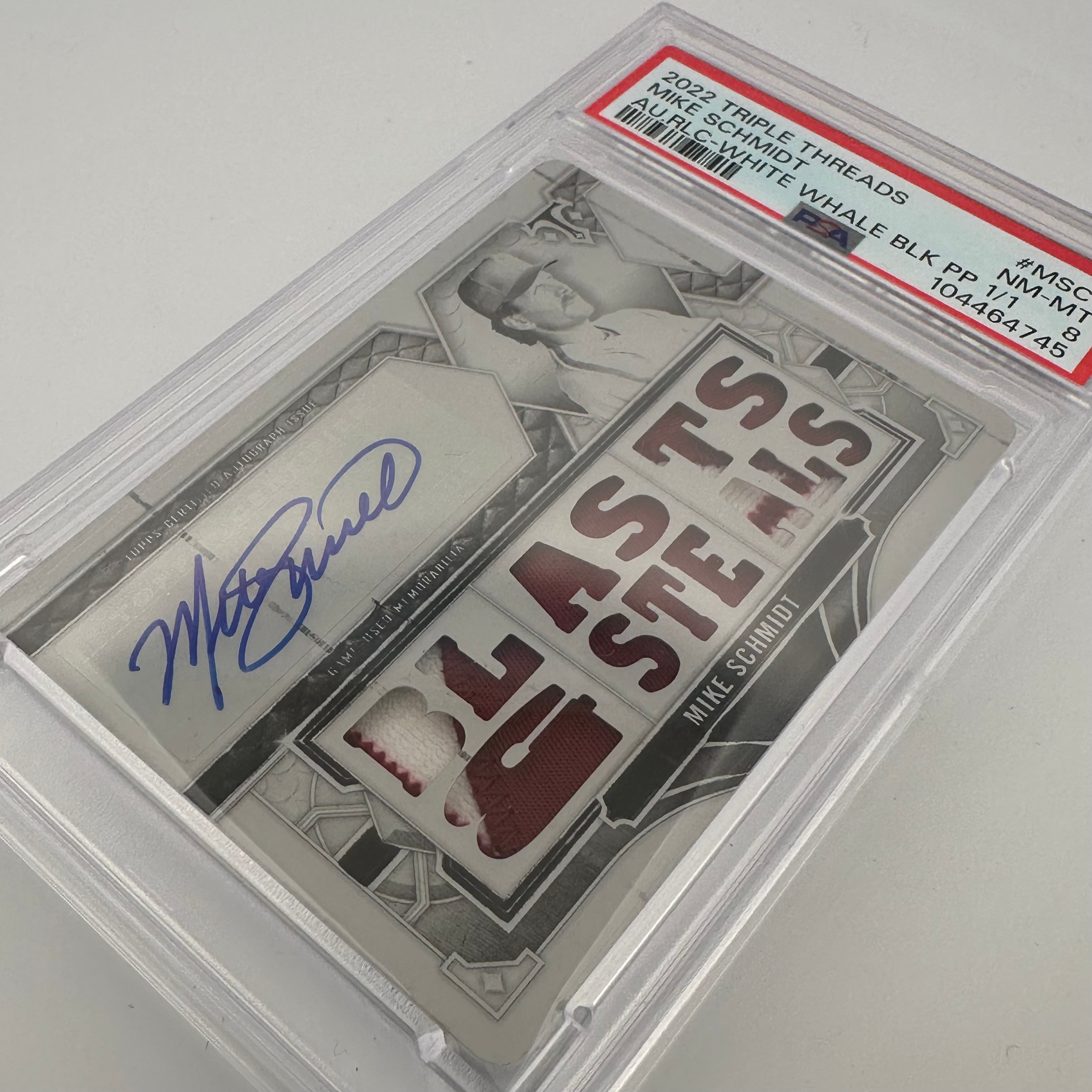 PSA 8 Graded Mike Schmidt #MSC1 Autographed Relic Card - Black & White Whale - 2022 Topps Triple Threads Baseball Card for Collectors & Investors (Perfect for Display, Trading, or Sports Memorabilia Collection)