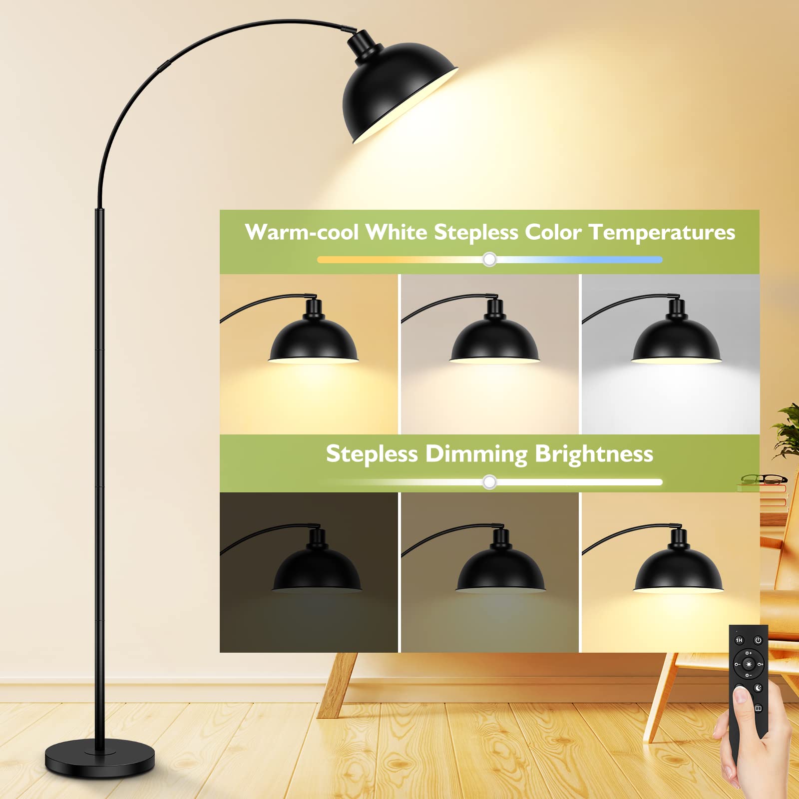 Modern Black Arc Floor Lamp with Remote Control - Stepless Dimmable Standing Lamp with Hanging Dome Shade for Living Room & Bedroom - Over Couch Arched Reading Light (Bulb Included) | Perfect for Cozy Reading Nooks, Sofa Lighting & Bedside Illumination
