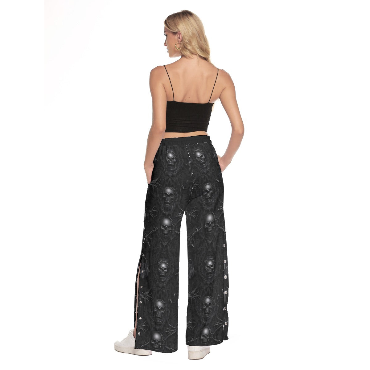 Gothic Skull Print Side Slit Snap Button Pants for Women - Edgy Streetwear & Punk Fashion - Perfect for Concerts, Halloween & Alternative Outfits