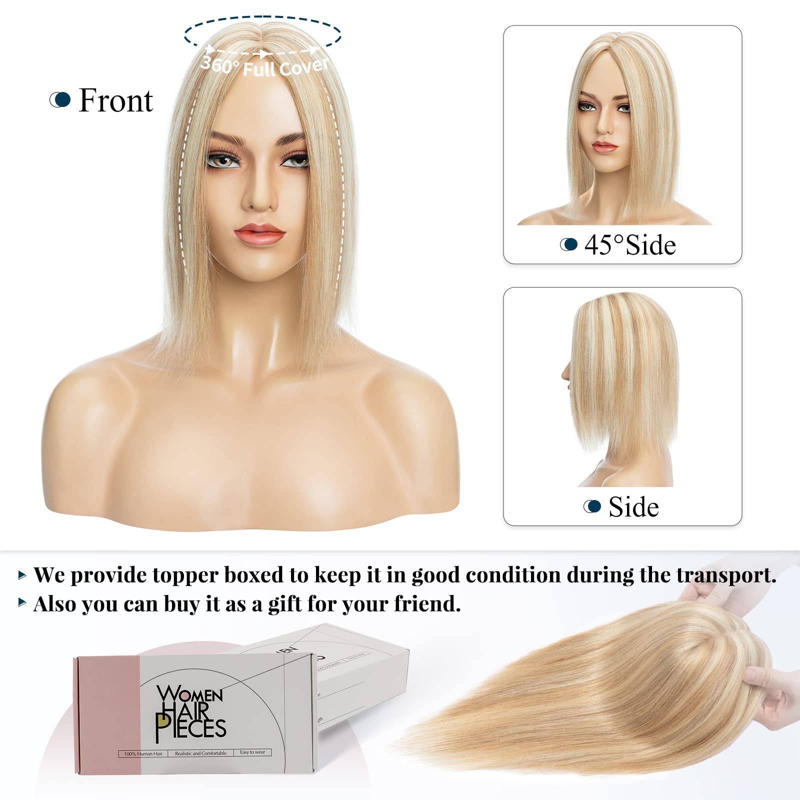 Benehair Remy Human Hair Topper with Silk Base - 12 Inch 38 Gram Clip-In Hair Topper for Women (Golden Brown & Bleach Blonde) - Natural Looking Hair Replacement for Thinning Hair, Daily Wear & Special Occasions