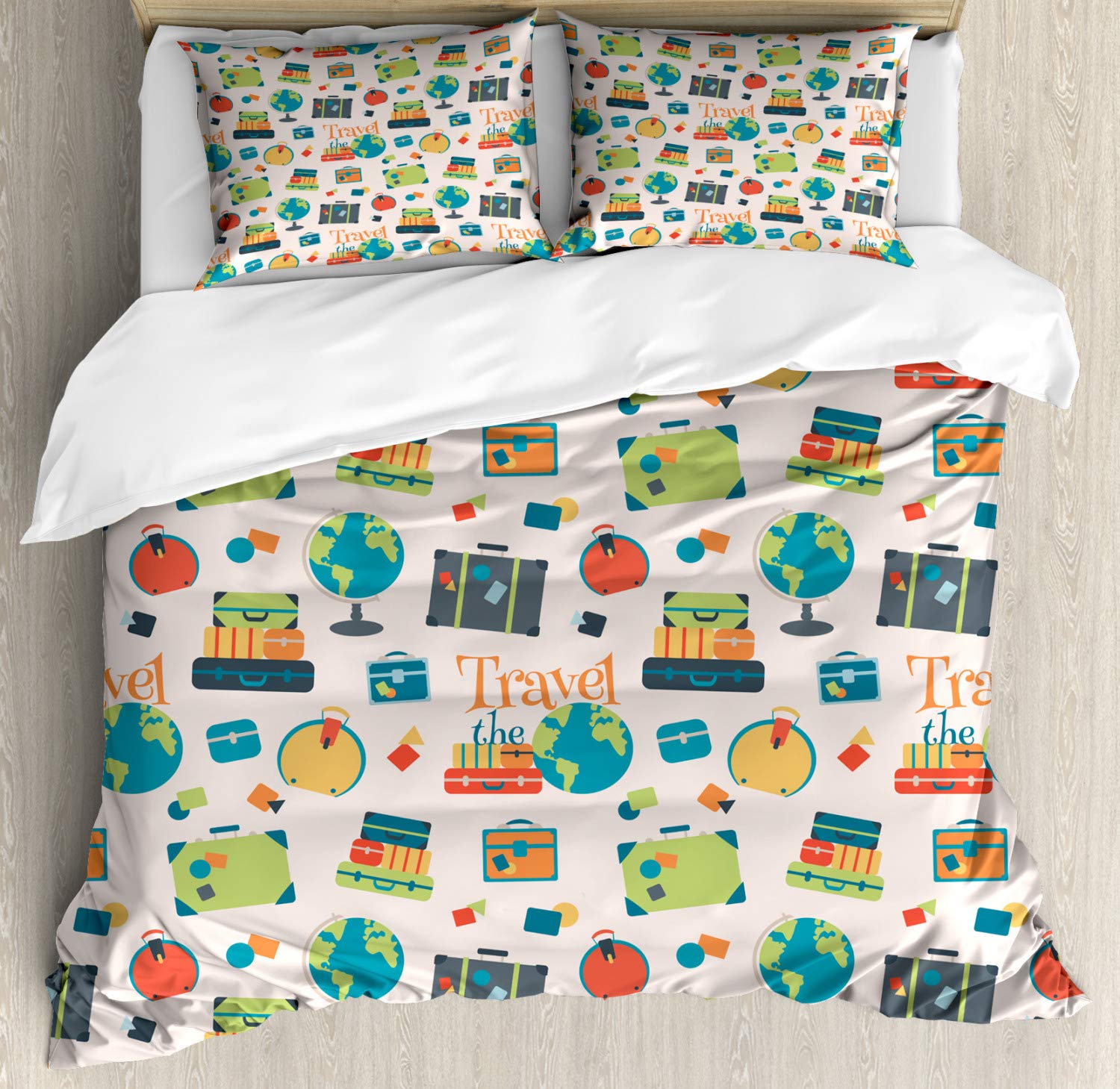 Ambesonne Travel The World Duvet Cover Set - Colorful Suitcases & Globe Design, 3-Piece Queen Size Bedding with 2 Pillow Shams | Perfect for Wanderlust Decor, Adventure-Themed Bedrooms & Travel Enthusiast Gifts