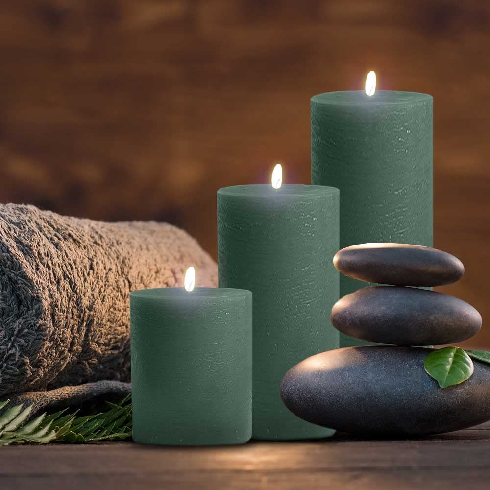 BASK Mottled Dark Green Unscented Pillar Candles Set of 3 - Dripless Large Smokeless Candles for Weddings, Home Decor, Holidays & Special Occasions