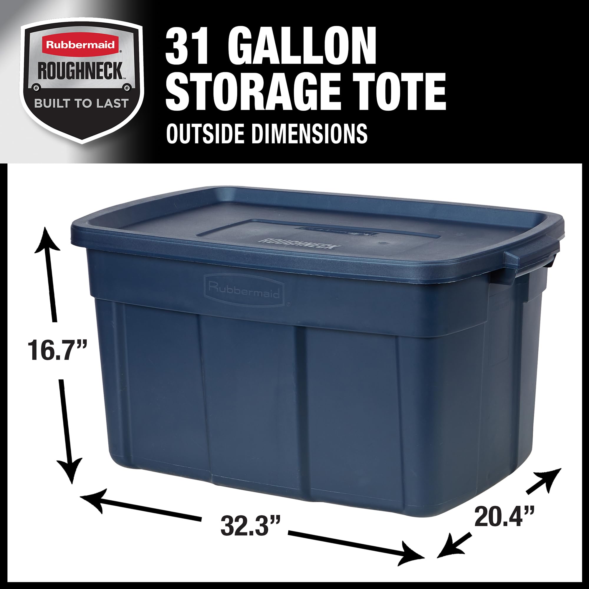 Rubbermaid Roughneck Tote 31 Gallon Storage Bins - 3 Pack Stackable Plastic Containers with Lids & Handles | Heavy-Duty Made in USA | Dark Indigo Metallic | Perfect for Garage Organization, Home Storage & Moving Supplies