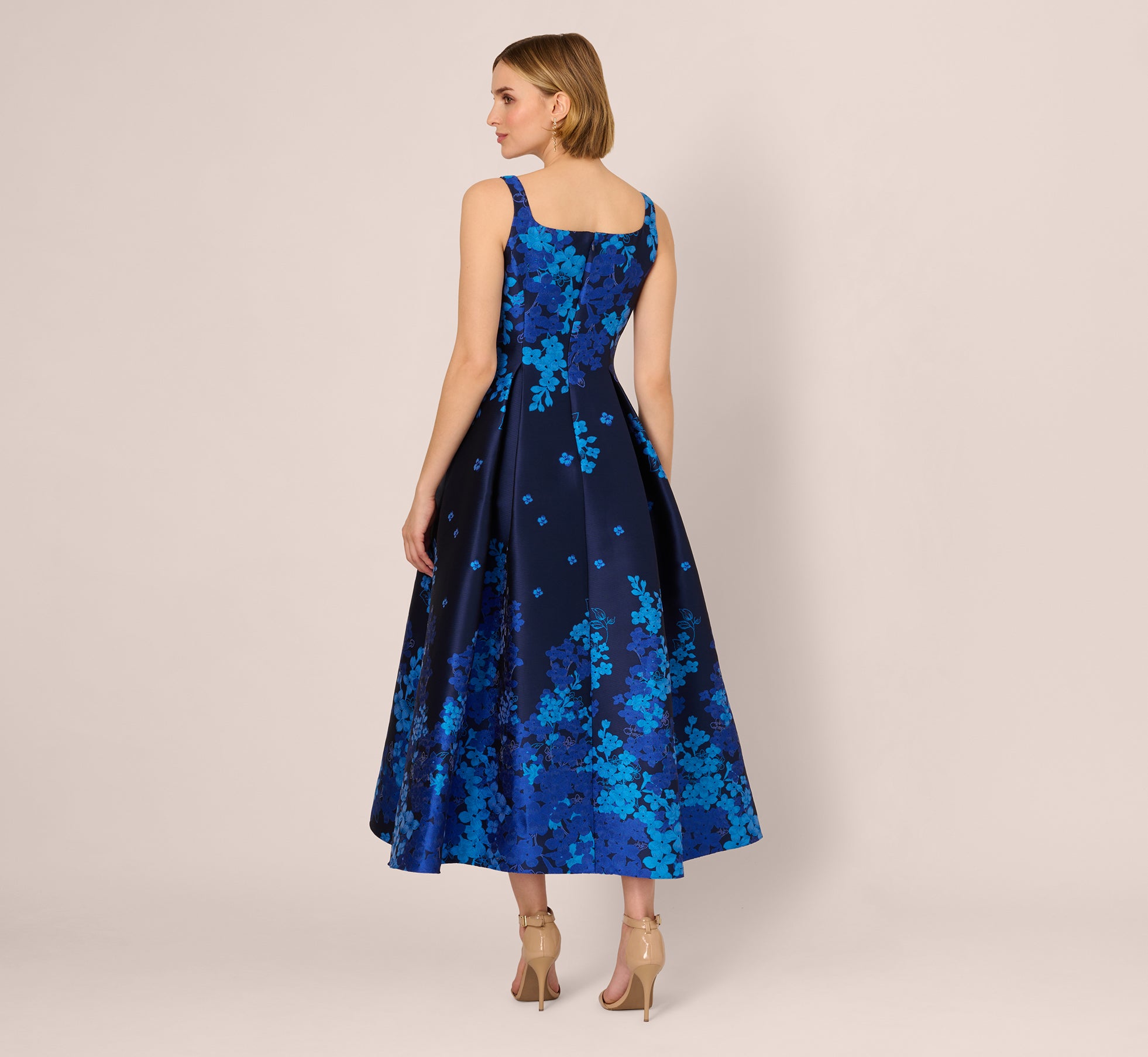 Blue Floral Jacquard Sleeveless Square Neck Midi Dress - Perfect for Summer Weddings, Garden Parties & Casual Outings