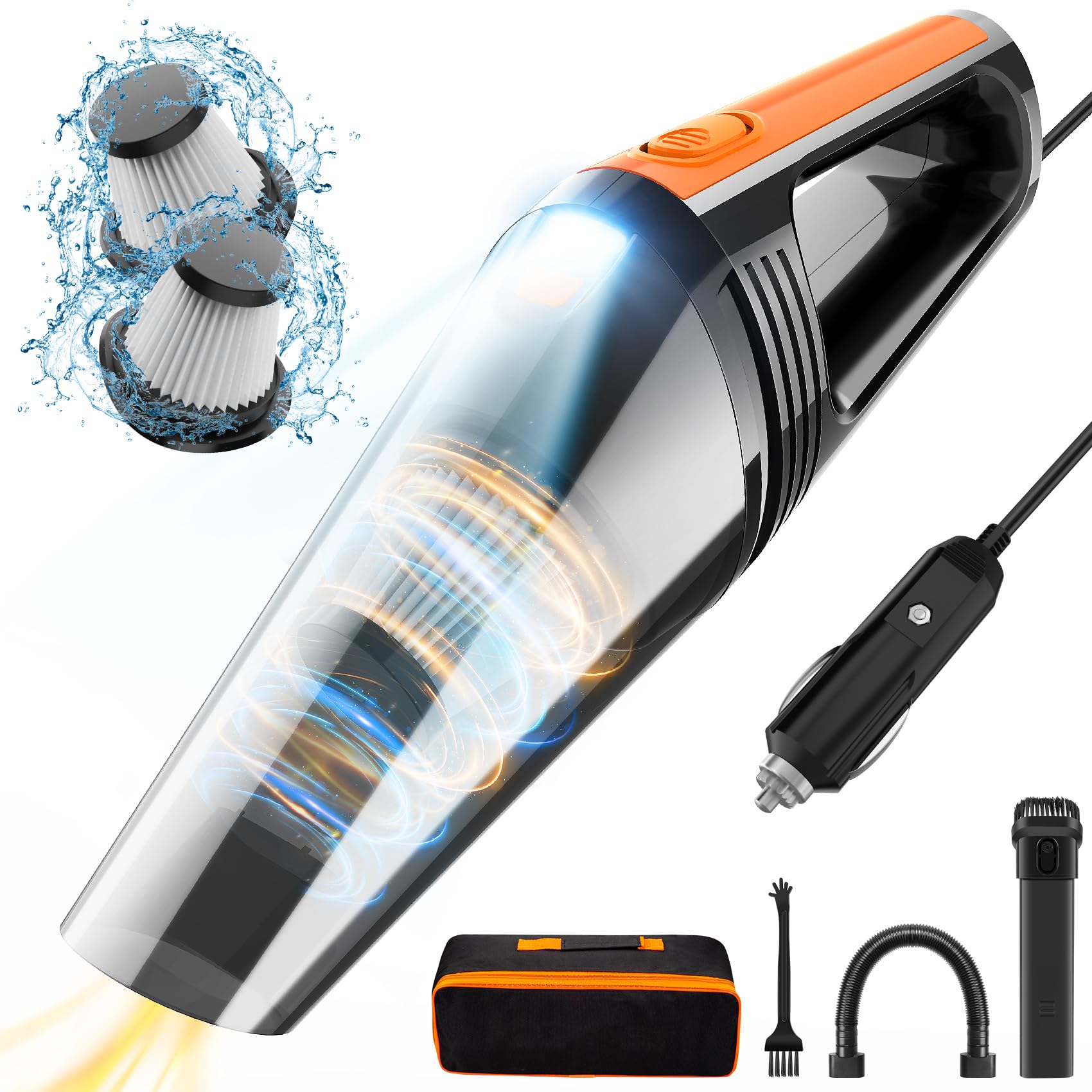 Powerful 8000Pa Portable Car Vacuum Cleaner - 12V Handheld Vacuum with LED Light & 16.4Ft Cord - Deep Cleaning Kit for Car Interior Detailing (Perfect for Cars, Trucks, SUVs & Home Use)