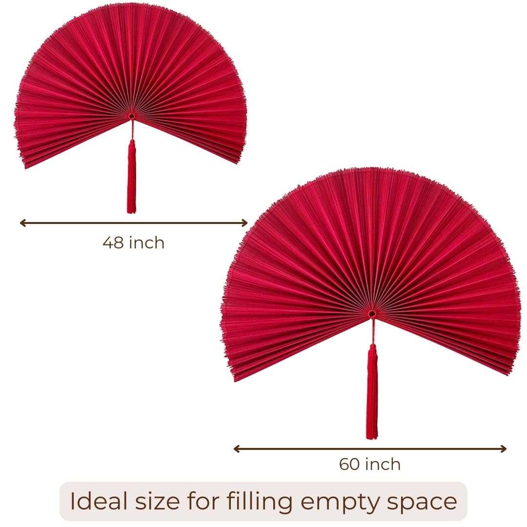 Large Folding Bamboo Wall Fan Decor - 47in Handmade Boho Fan Wall Art, Over Bed Headboard Decor for Bedroom, Living Room, and Patio - Red (M)