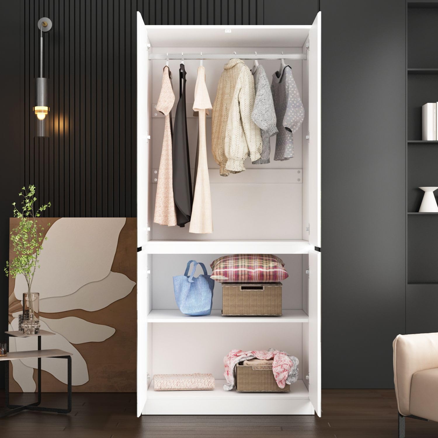 FAMAPY 4-Door Wardrobe Closet with Full-Length Mirror, White Armoire with Hanging Rod & Shelves for Bedroom Storage (31.5