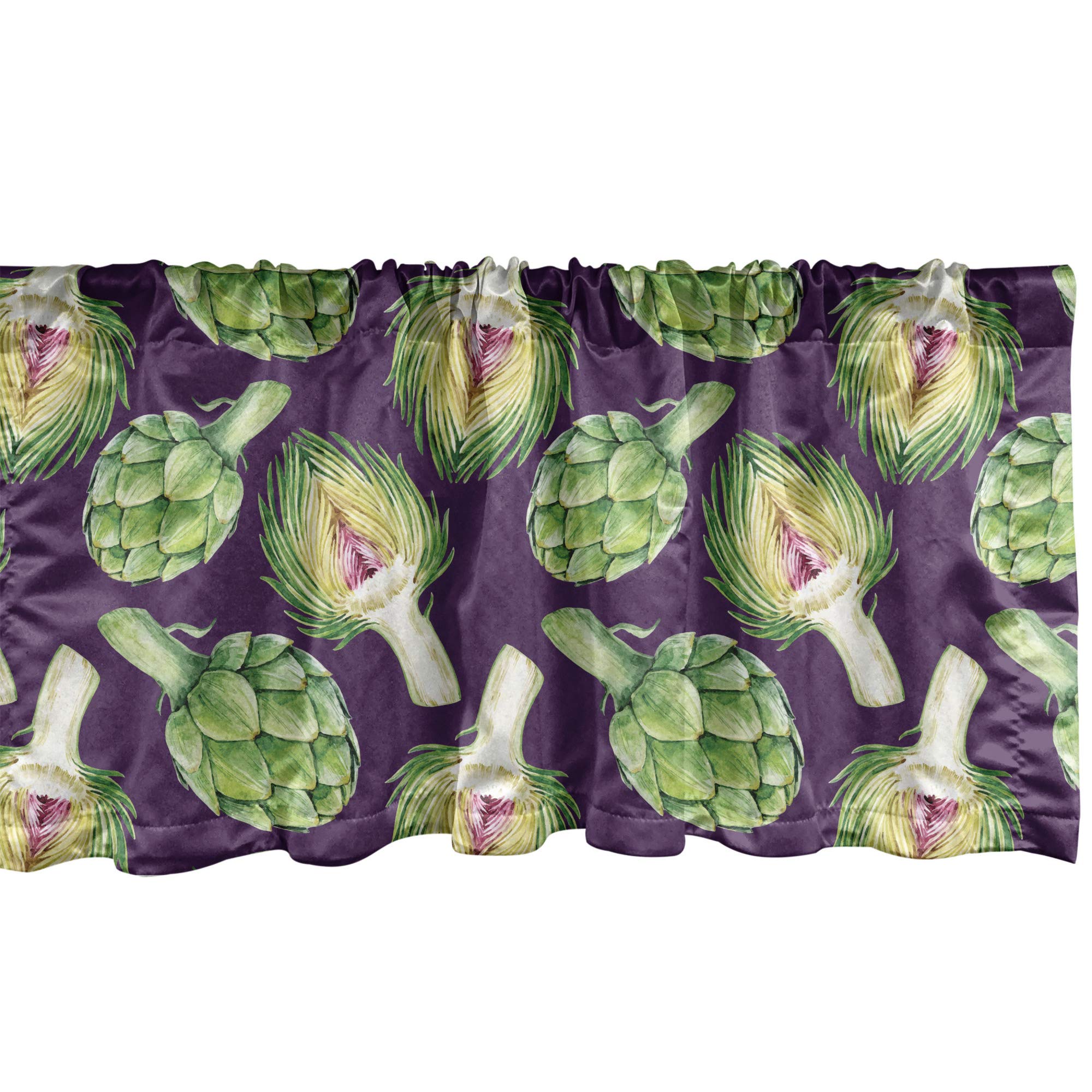 Ambesonne Vegetable Art Window Valance - Vibrant Artichoke Design Kitchen Curtain with Rod Pocket, 54x12 Inches, Fern Green Plum | Exotic Tropical Decor for Kitchen, Bedroom & Dining Room | Perfect for Farmhouse, Cottage & Mediterranean Style Homes