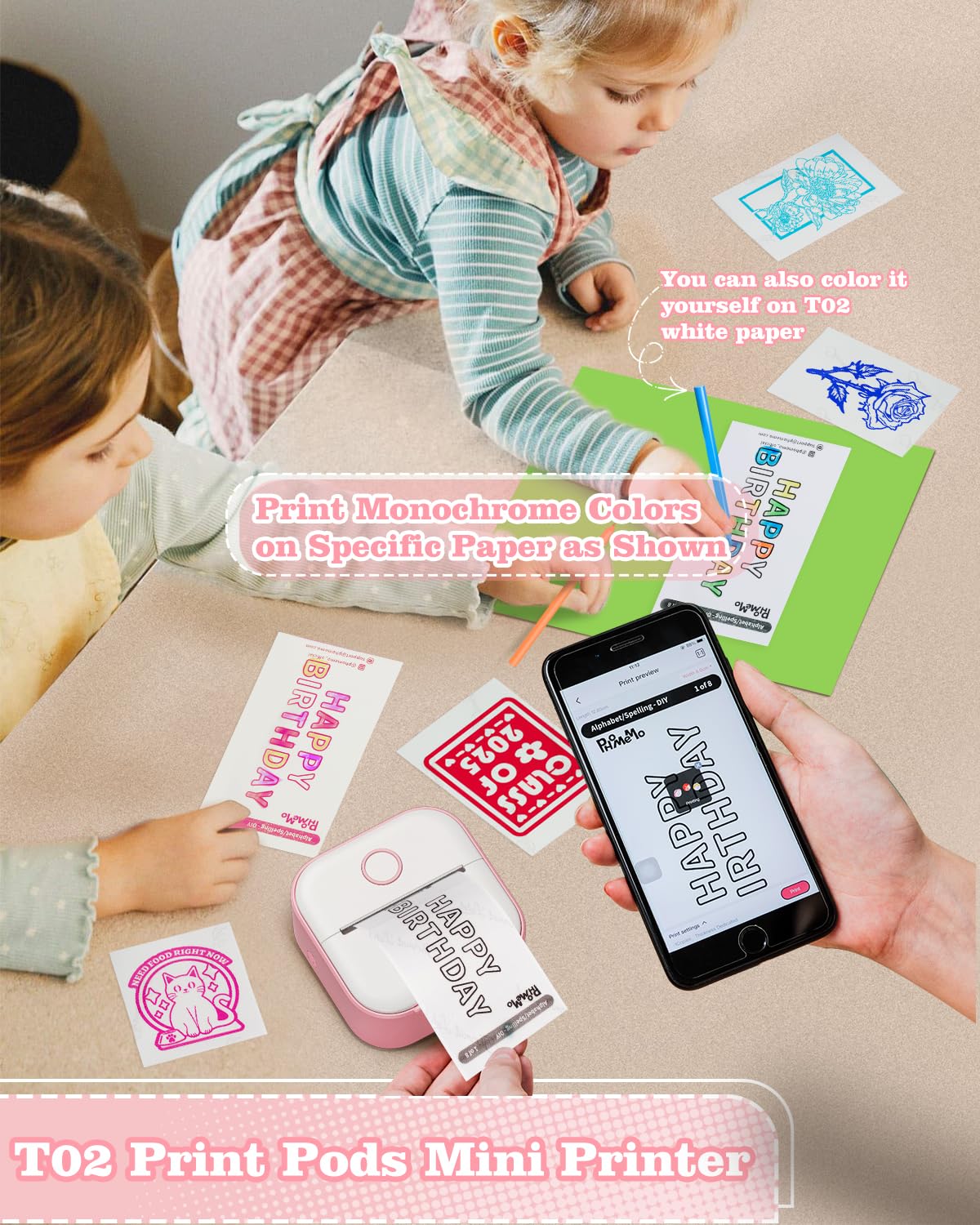Memoking Mini Sticker Printer - Wireless Inkless Thermal Label Maker for Students, Birthday Gifts | Portable Sticker Machine Compatible with iOS & Android (Pink) | Perfect for DIY Crafts, Scrapbooking & Party Favors