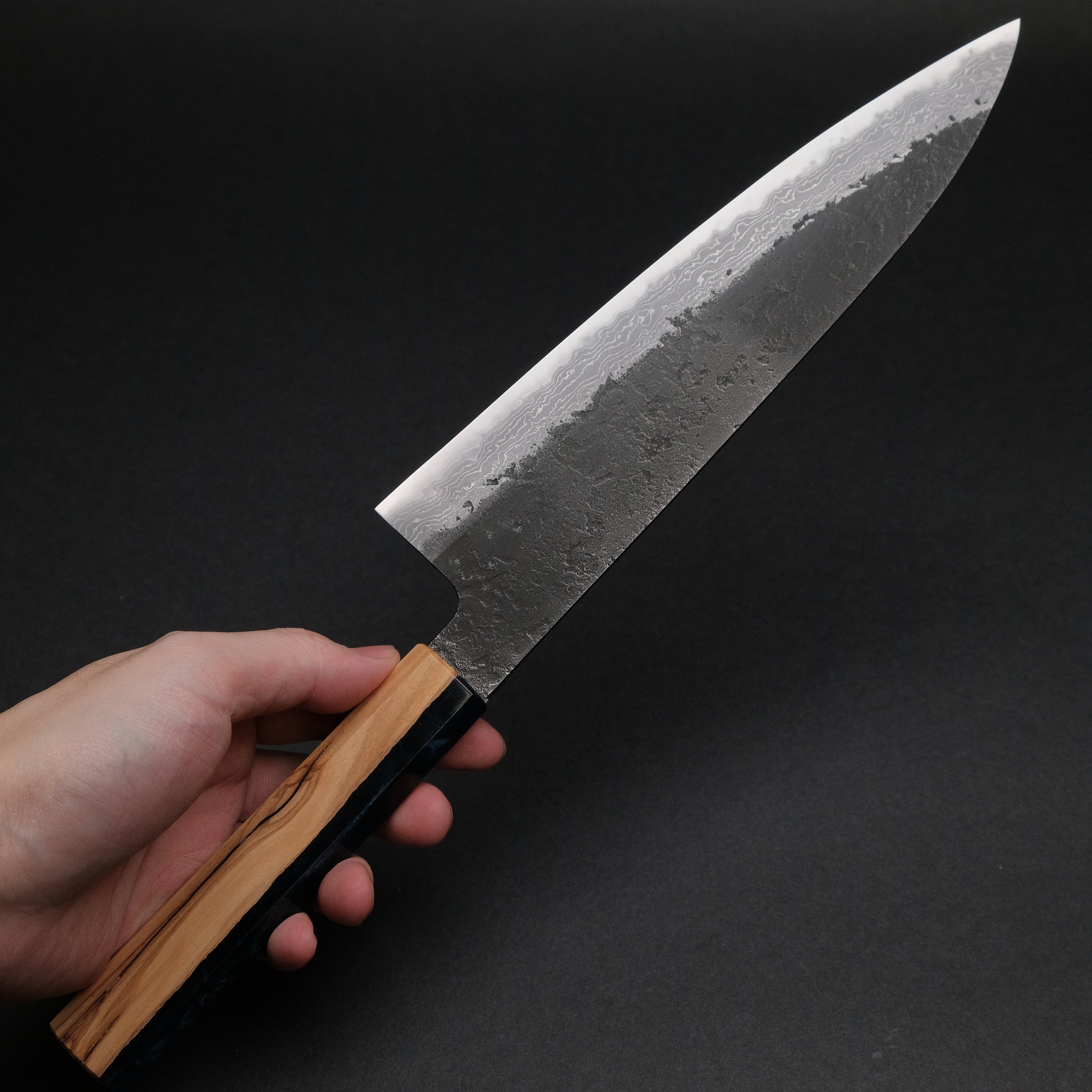 Premium Ajikataya White #2 Nashiji Damascus Gyuto 210mm Chef Knife - Olive Wood & Resin Handle (#46) - Perfect for Sushi, Meat Slicing & Professional Kitchen Use