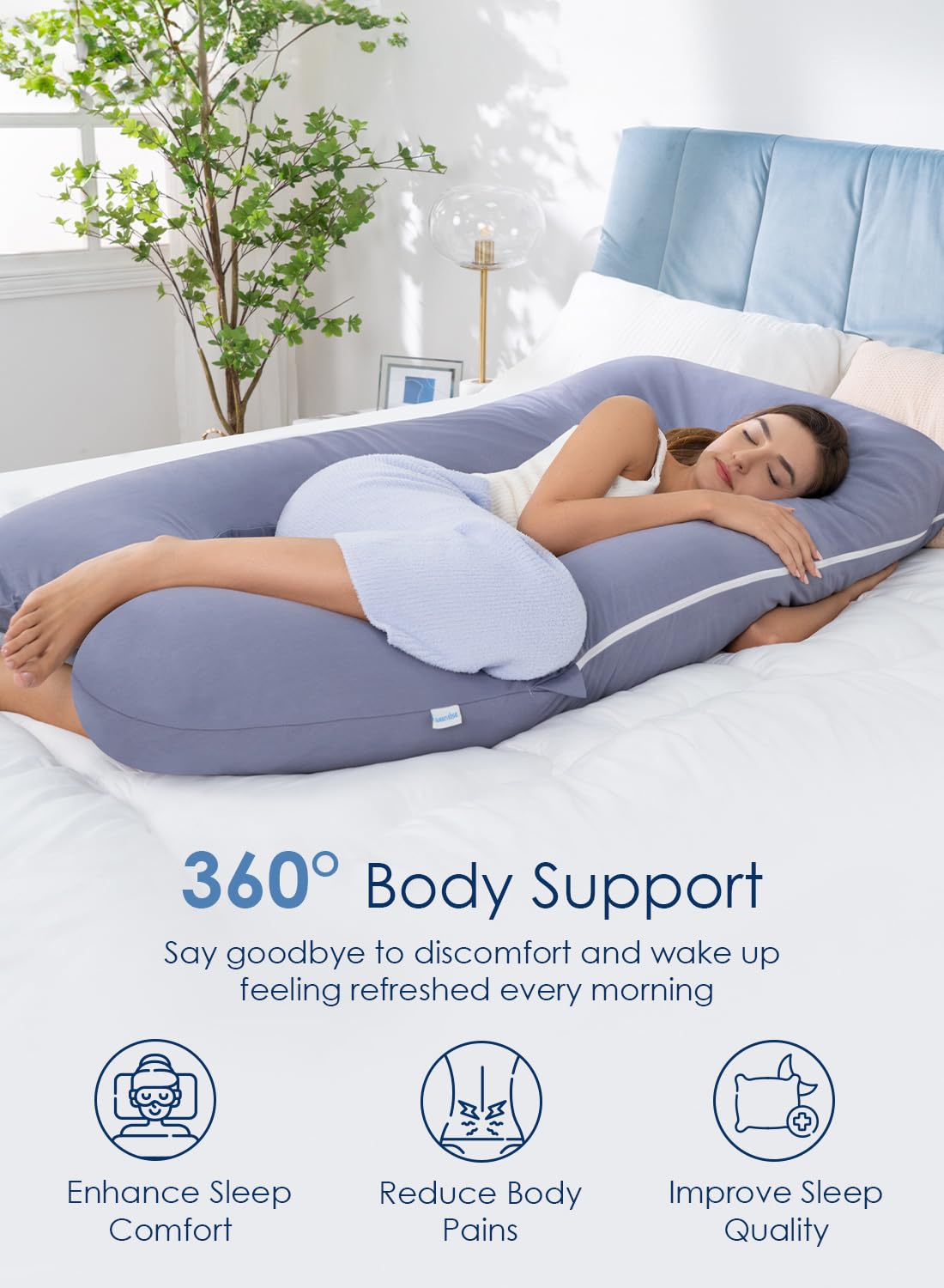 QUEEN ROSE Extra Long Cooling U-Shaped Pregnancy Pillow for Sleeping - Maternity Body Support for Pregnant Women & Adults with Soft Silky Cover (Blue) | Perfect for Back Pain Relief, Side Sleepers & Comfort During Pregnancy
