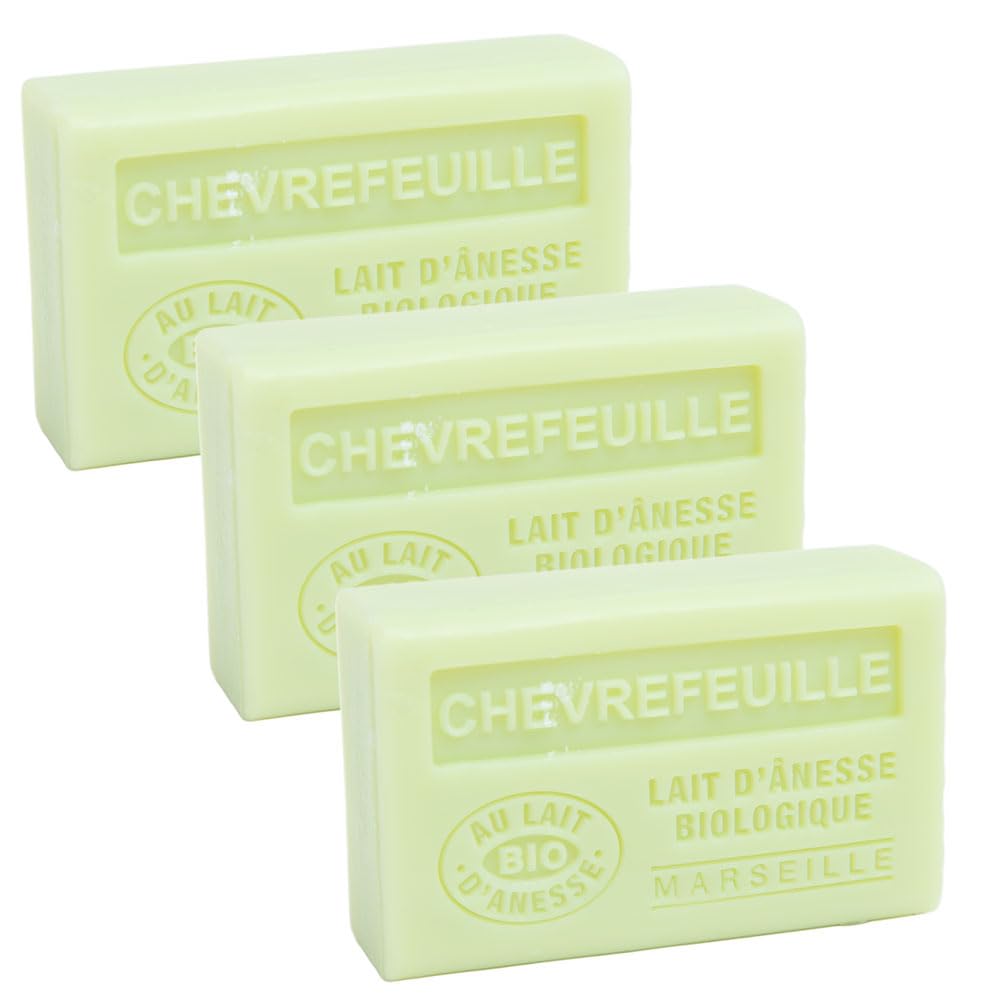 Provence Marseille Soap with Organic Donkey Milk & Honeysuckle Fragrance - 60g Bar (Pack of 3) | French Luxury Skincare for Dry & Sensitive Skin - Perfect for Bath, Shower & Gift Sets