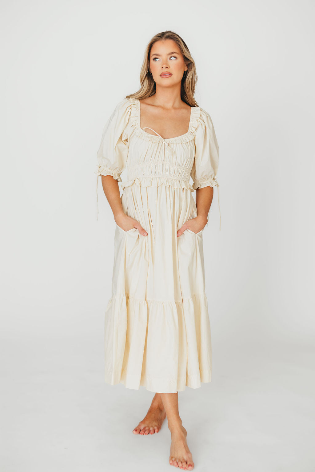 100% Cotton Crissy Ruched Midi Dress in Cream - Bump Friendly Maternity Dress for Pregnancy, Nursing & Postpartum - Perfect for Baby Showers, Date Nights & Special Occasions