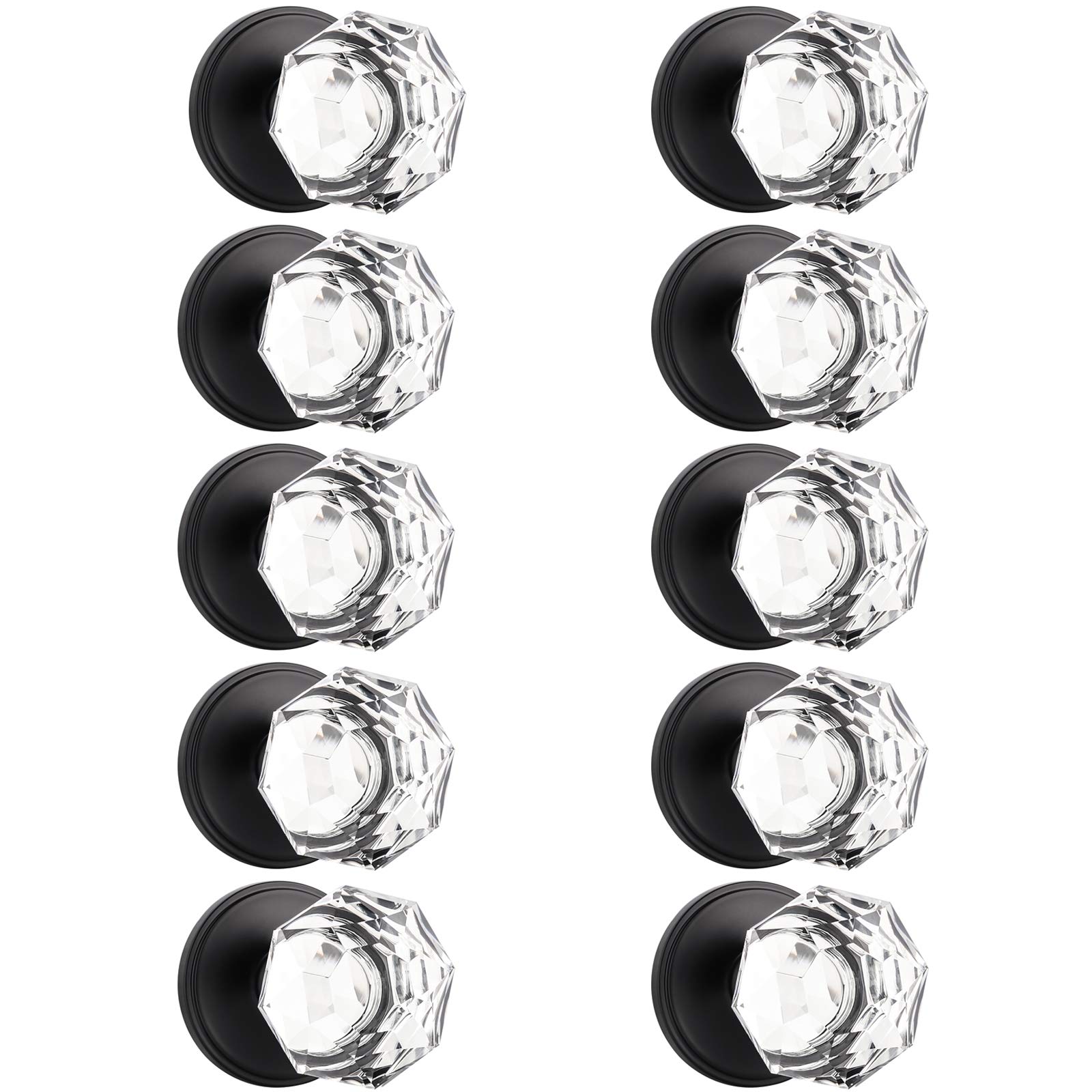 10 Pack Crystal Diamond Faceted Inactive Door Knob Sets - Half Dummy Knob No Key/Lock for French Doors, Closets & Pantries - Heavy Duty Glass with Black Rosette - Perfect for Interior Doors, Wardrobes & Storage Rooms
