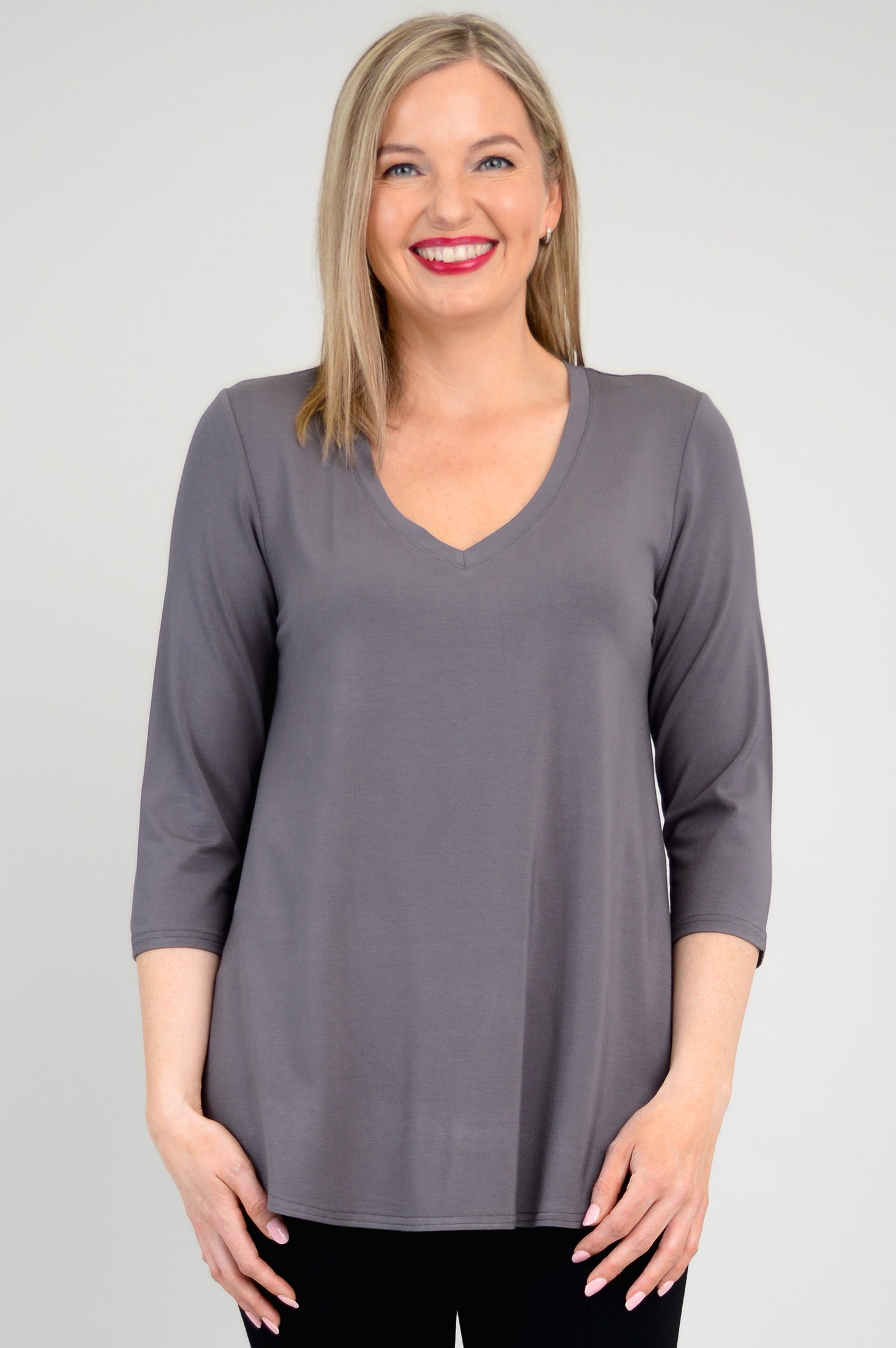 Jackie 3/4 Sleeve Bamboo Top for Women - Soft & Breathable Charcoal Grey Shirt - Perfect for Yoga, Workout & Casual Wear