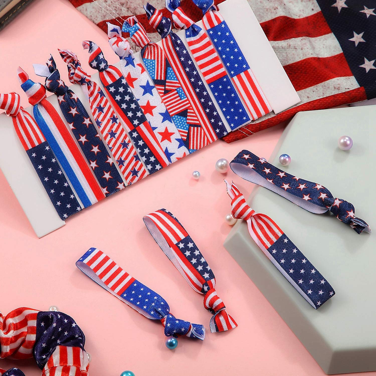20 Pieces 4th of July Hair Ties - American Flag Elastic Hair Ribbons, Patriotic Ponytail Holders, No Crease Hair Bands for Women & Girls - Red White Blue Party Accessories for Independence Day, BBQ, Picnic & Summer Celebrations